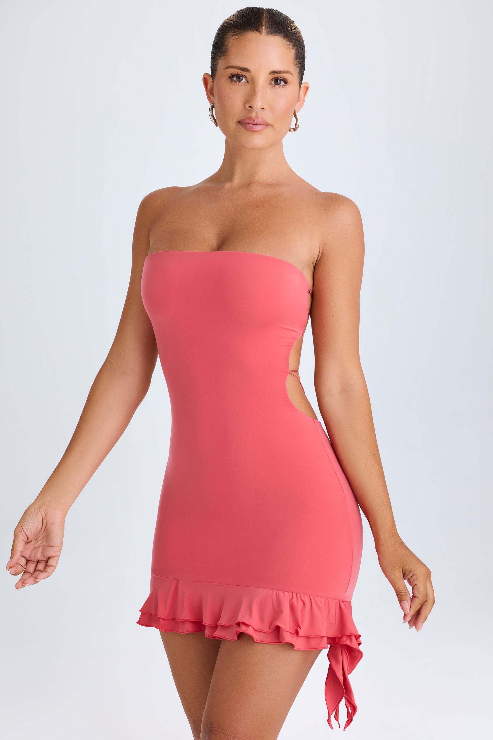 ruffle-appliqu cut-out mini dress in coral Rowan Frill Mini Dress - Coral