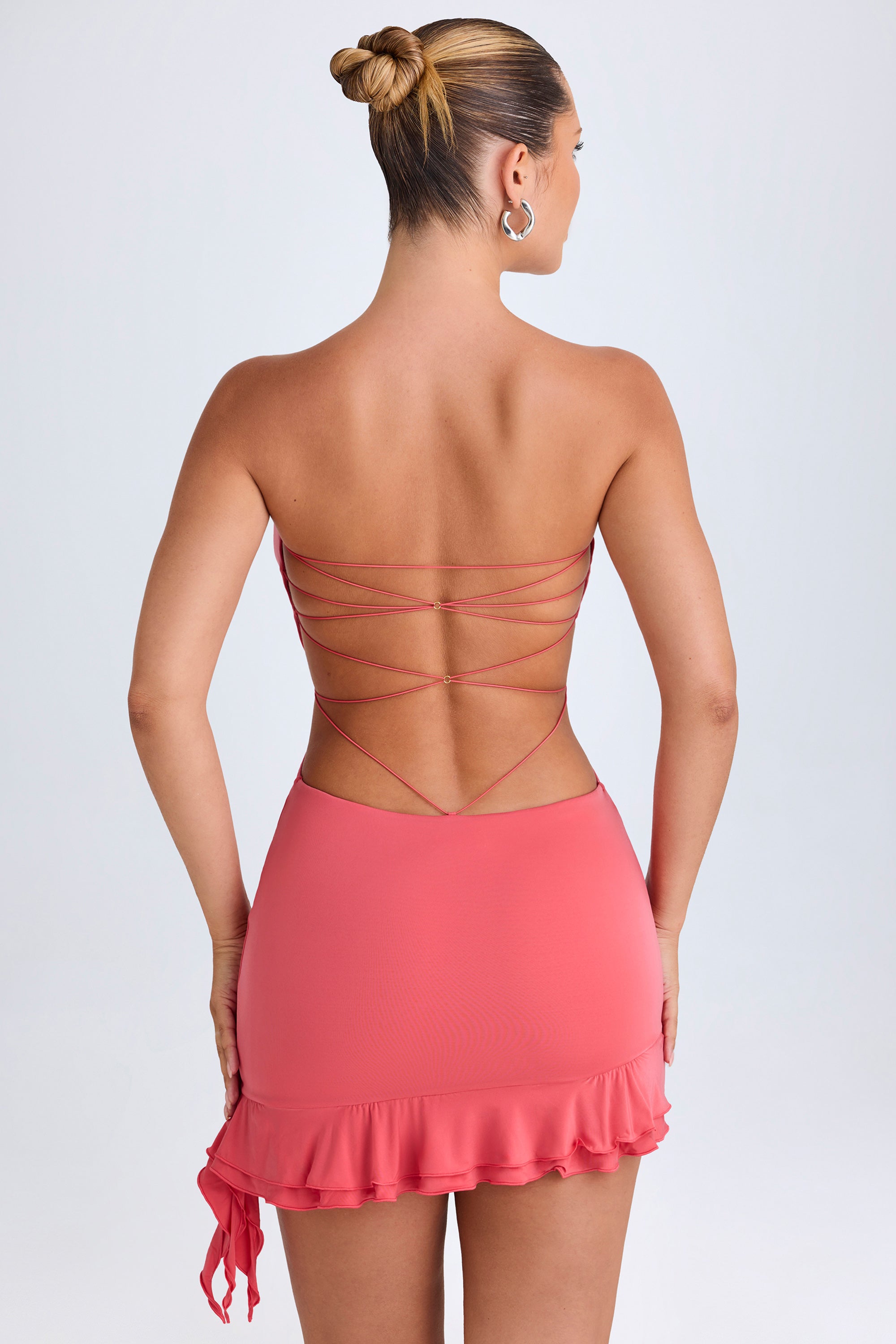 ruffle-appliqu cut-out mini dress in coral Sparkling Halter Keyhole Bodice With Flouncy Ruffles