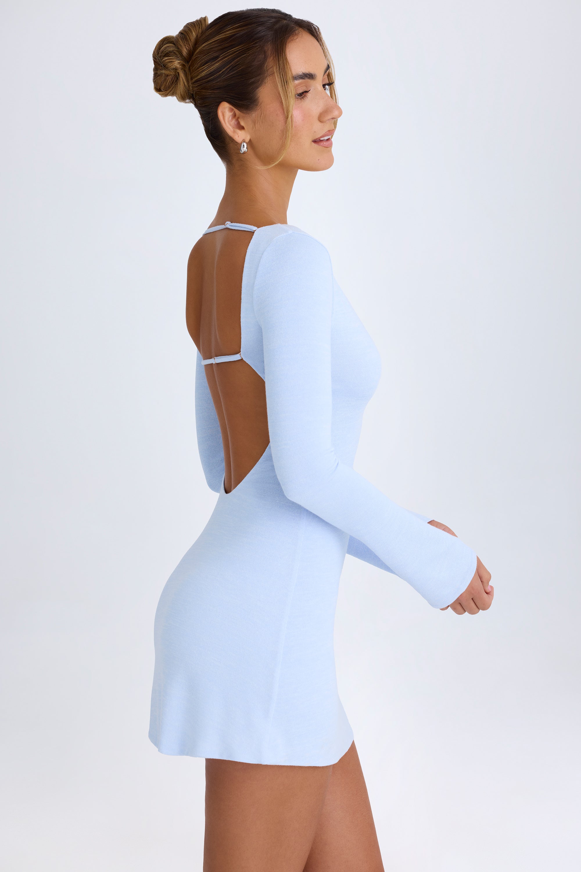 ruffled cut-out halterneck mini dress in periwinkle blue Ella Bow Detail Halter Mini Dress / Periwinkle Blue | MESHKI