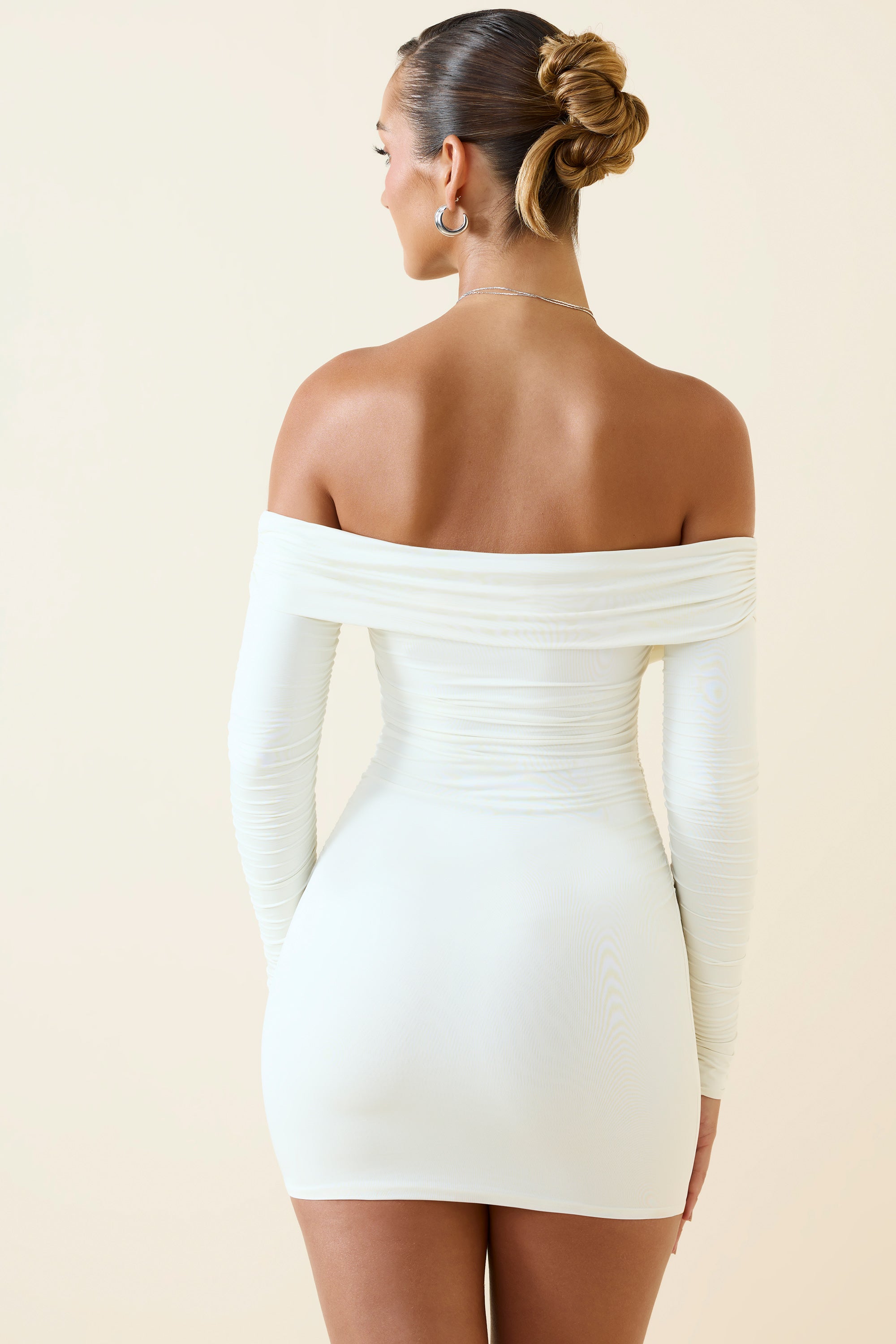 Aarti Off-Shoulder Ruched Bodycon Mini Dress in Vanilla Oh Polly