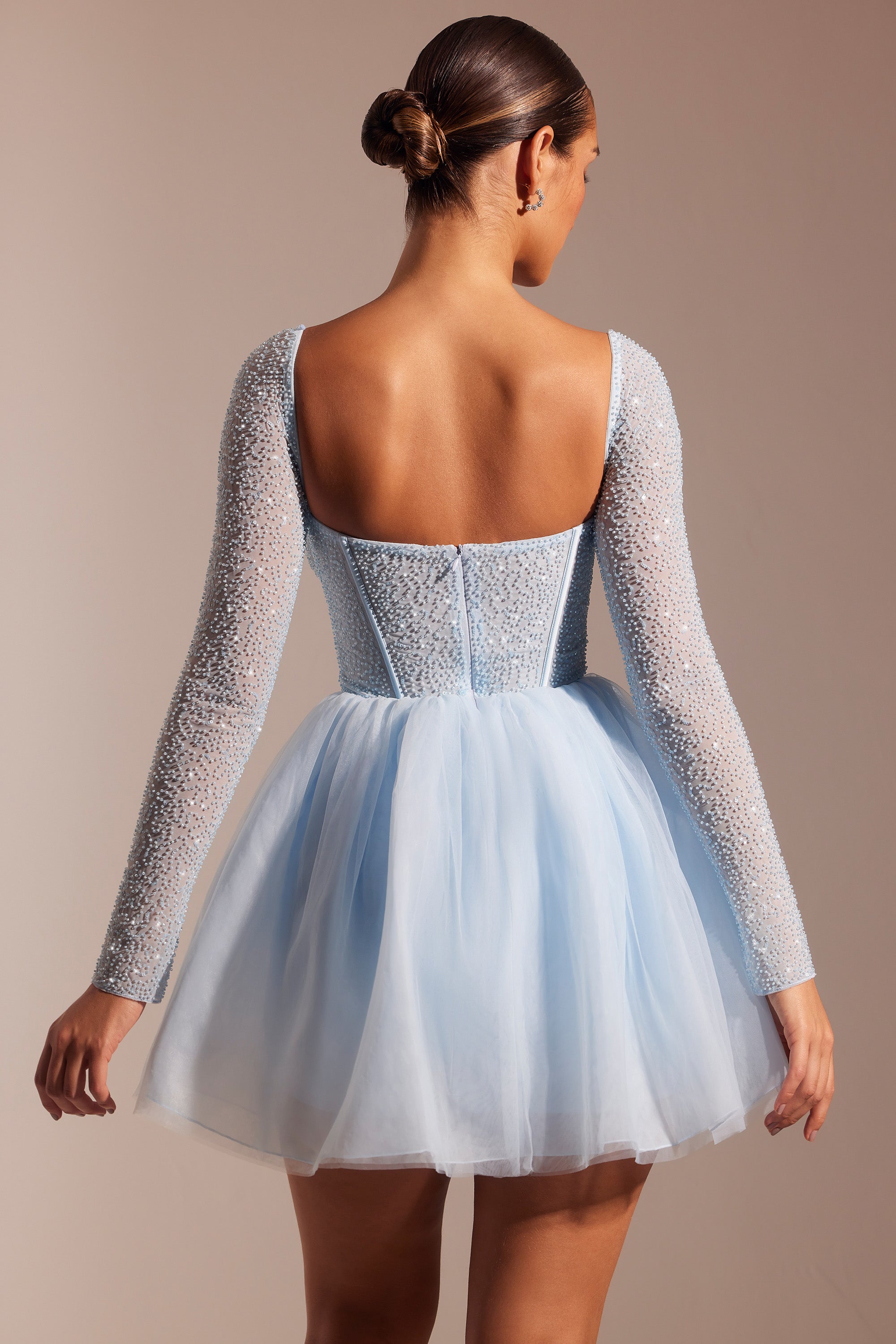 Calliope Embellished Long Sleeve Tulle Skirt Mini Dress in Blue