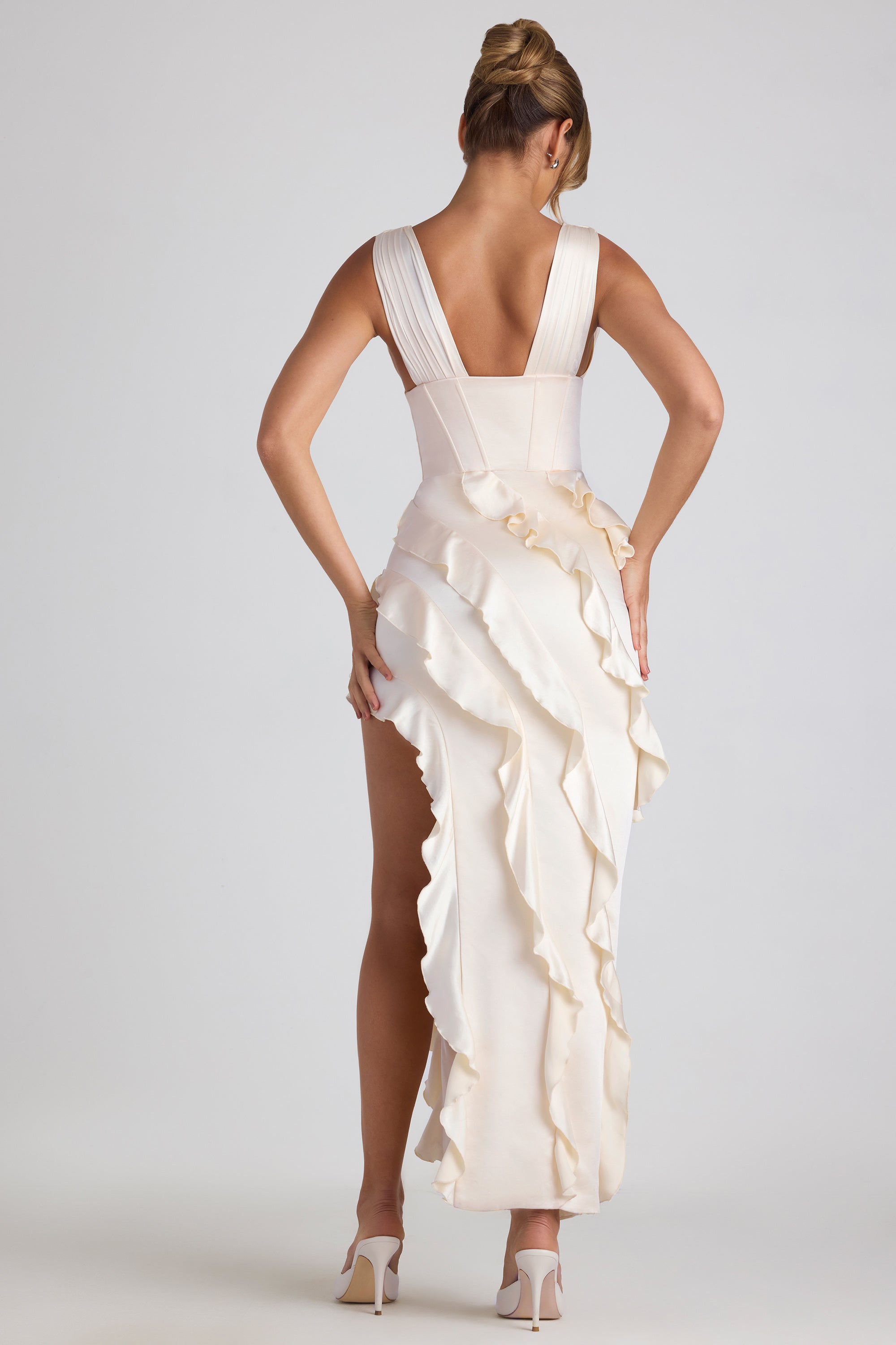 Ambrosia Ruffle-Trim Corset Maxi Dress in Ivory | Oh Polly
