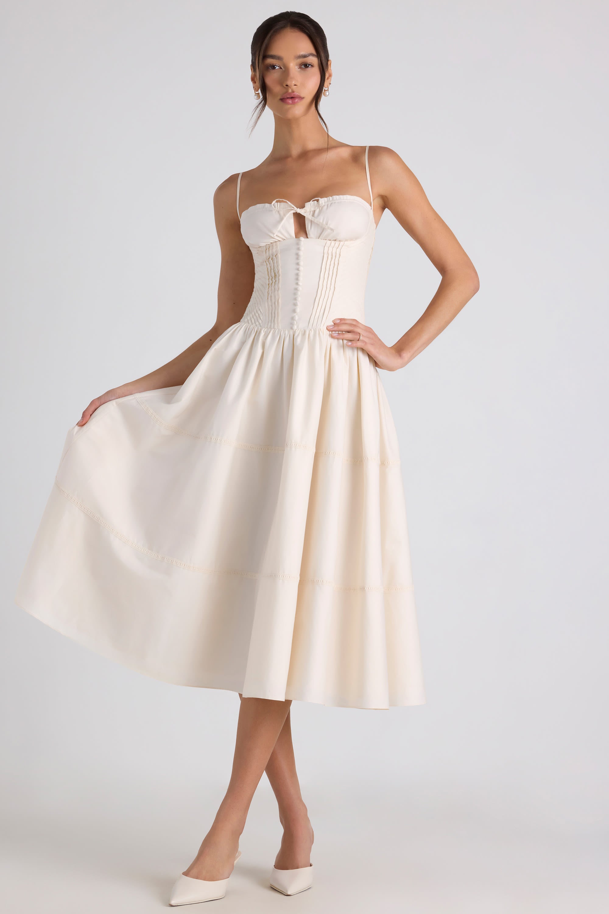 Esmeralda Lace-Trim Pintucked Poplin Midaxi Dress in Ivory | Oh
