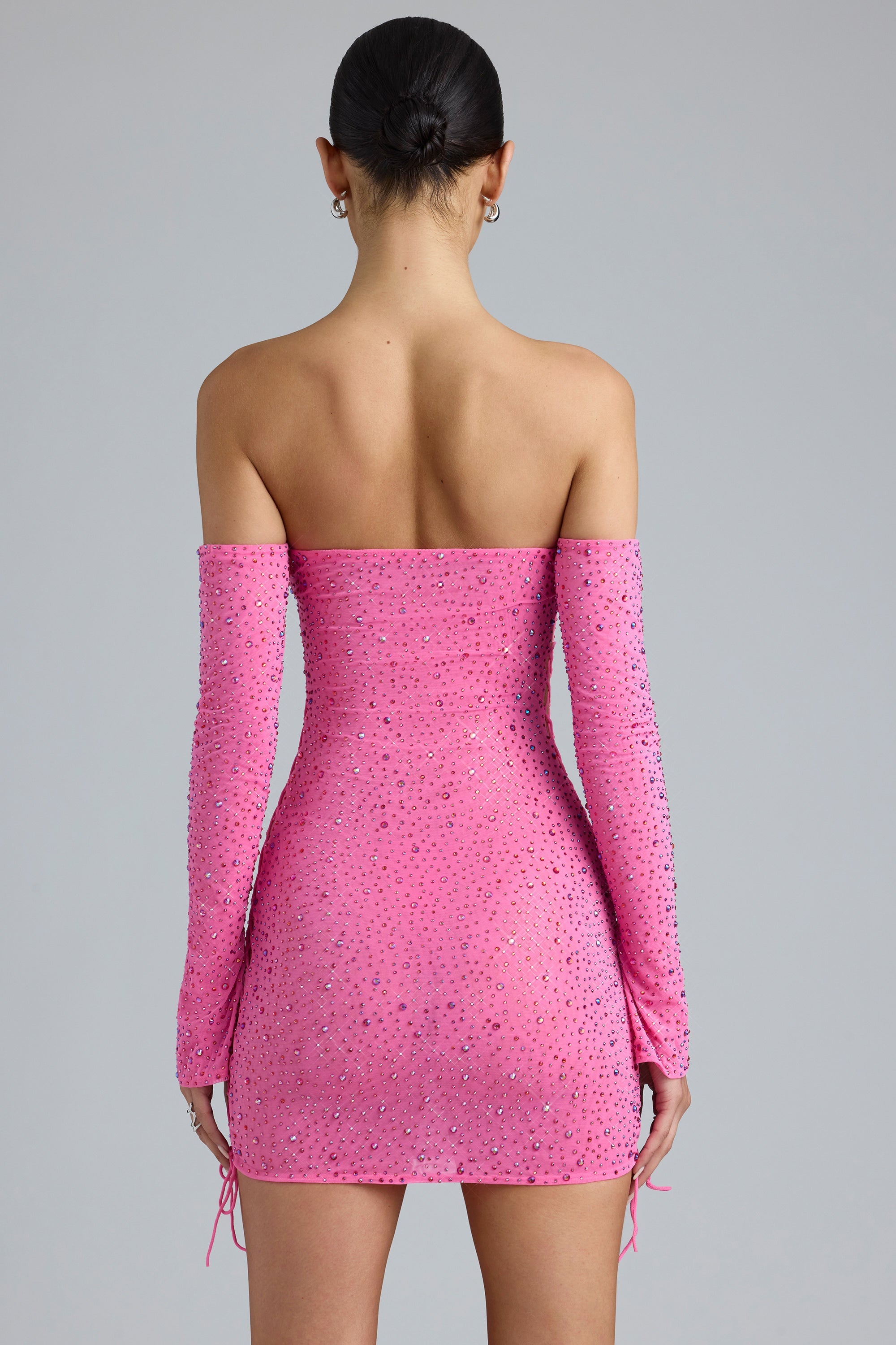 Jade Embellished Lace-Up Off-Shoulder Mini Dress in Bubblegum Pink