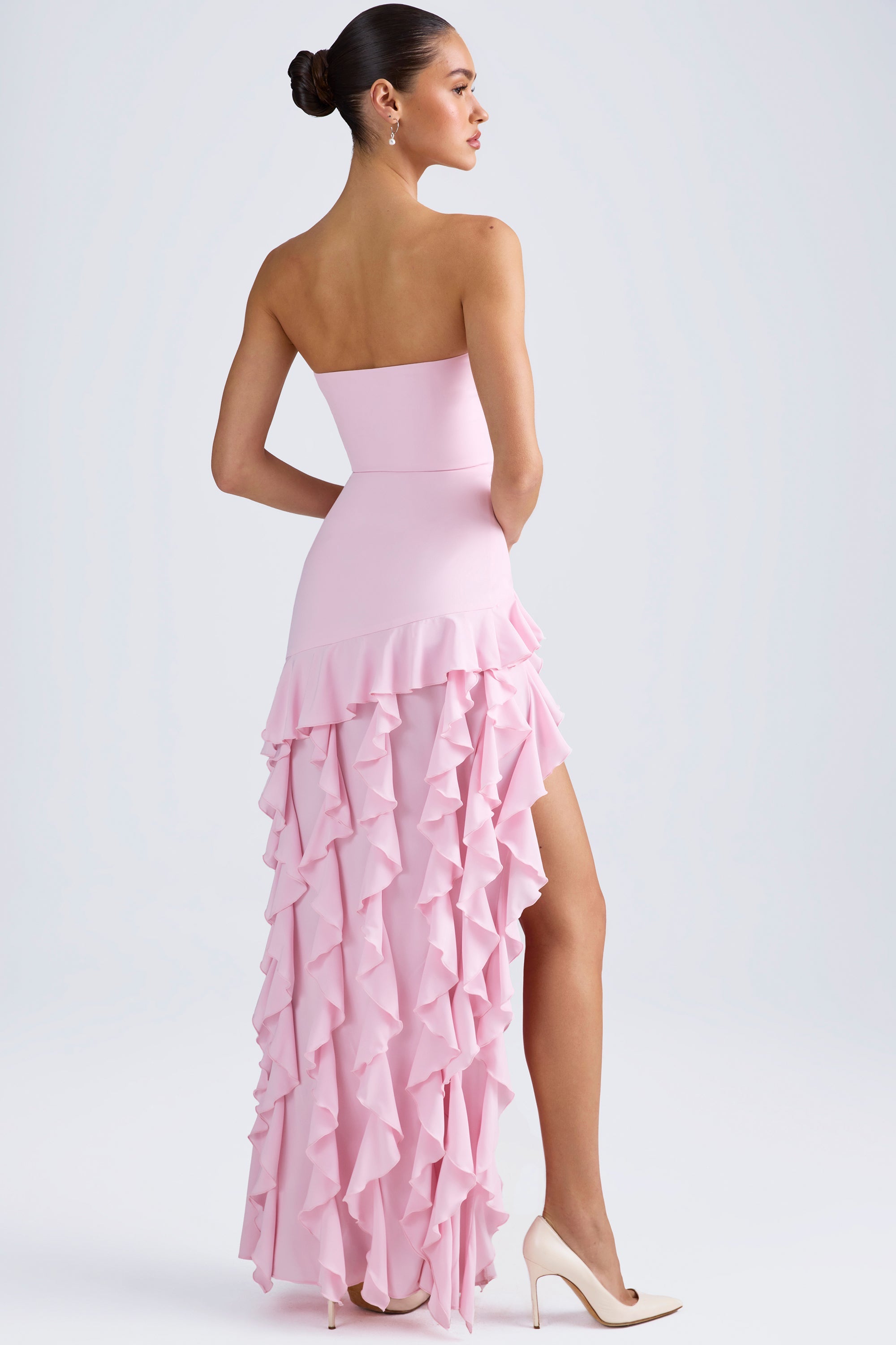 Ruffle Trim Strapless Gown in Light Pink