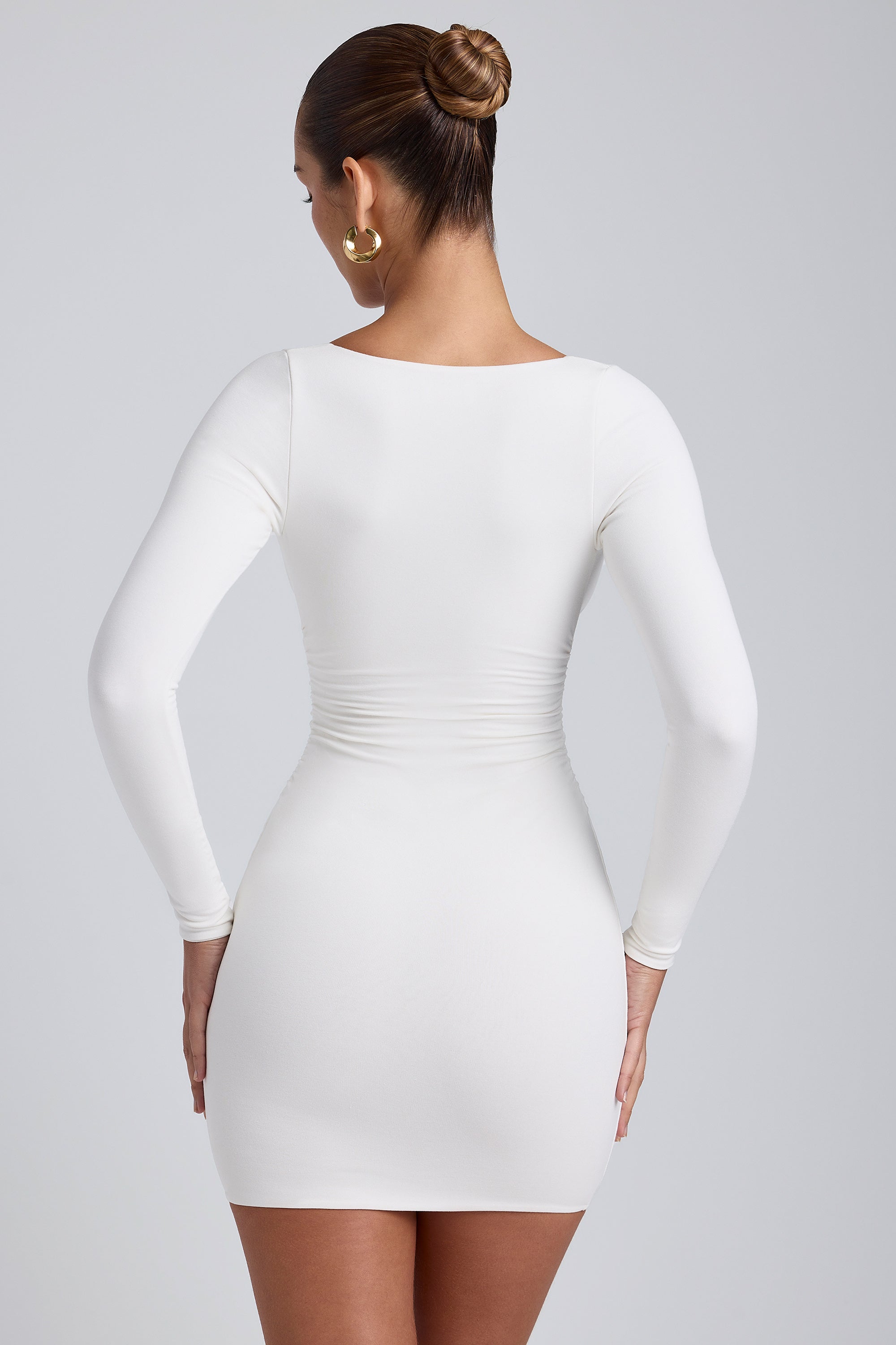 Modal Ruched Long-Sleeve Mini Dress in White Modal Ruched Long-Sleeve Mini Dress in White