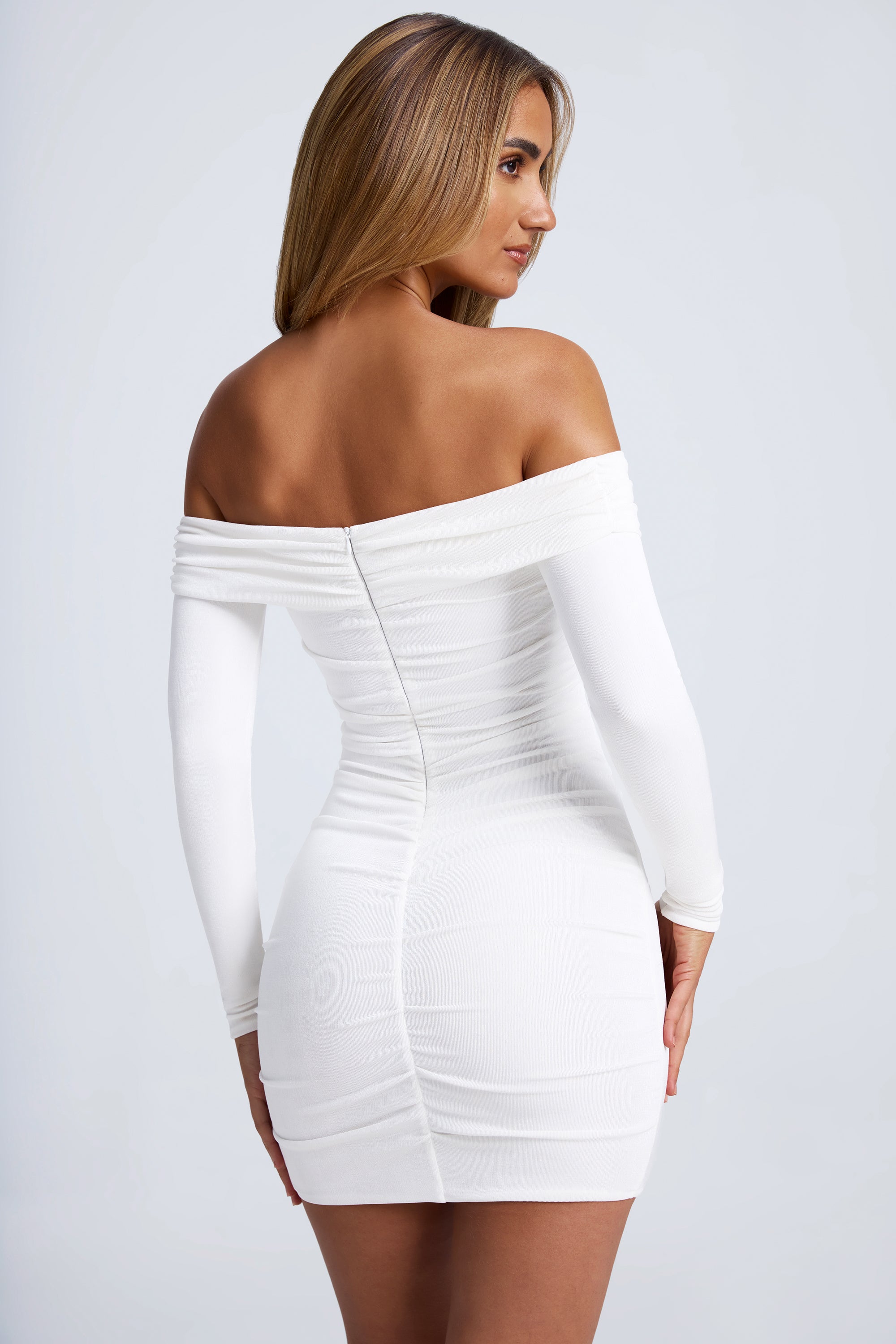 Hardware Detail Off-Shoulder Cut-Out Mini Dress in White Hardware Detail Off-Shoulder Cut-Out Mini Dress in White