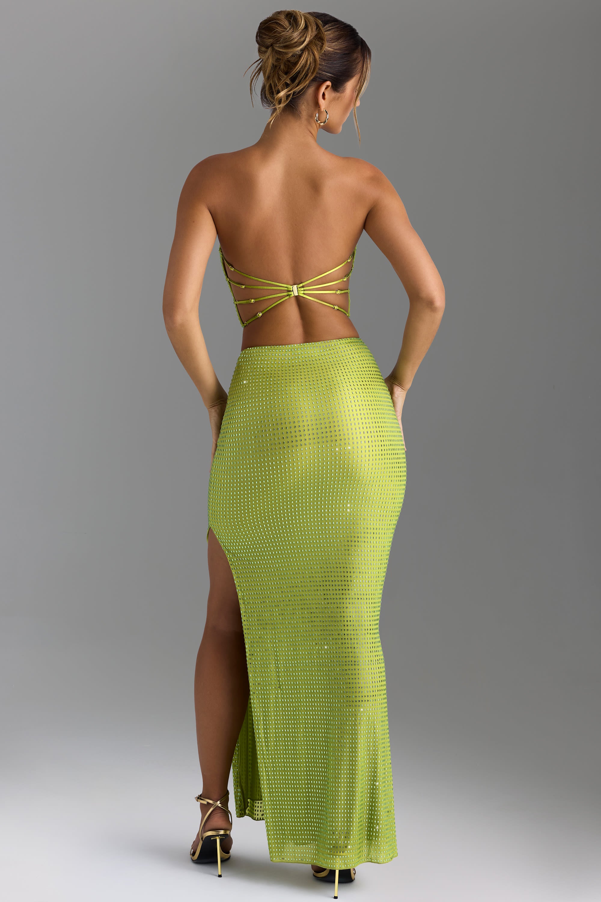 Pelagia Embellished V-Waist Maxi Skirt in Pear Green | Oh Polly