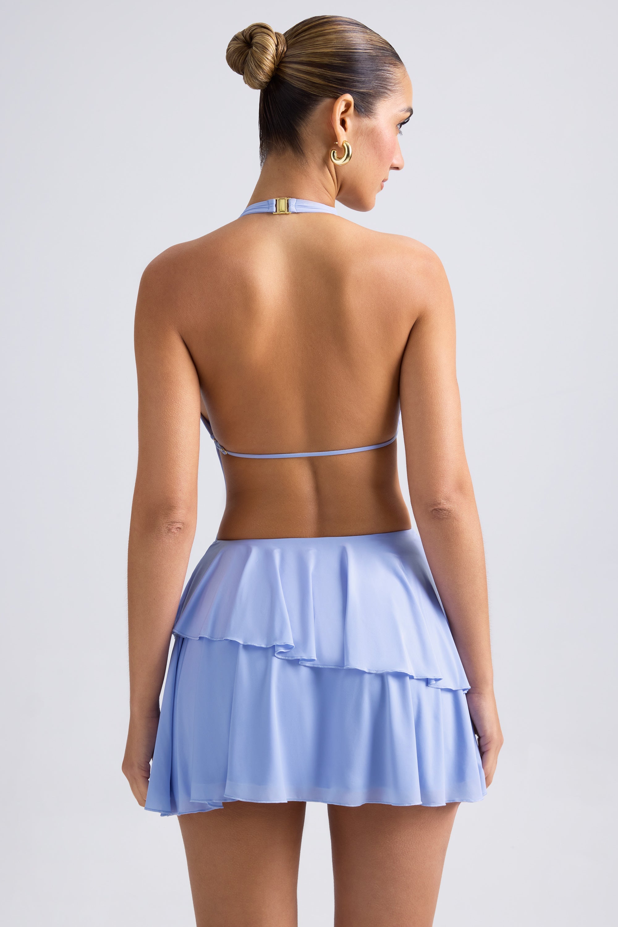 Chimere Ruffled Cut-Out Halterneck Mini Dress in Periwinkle Blue
