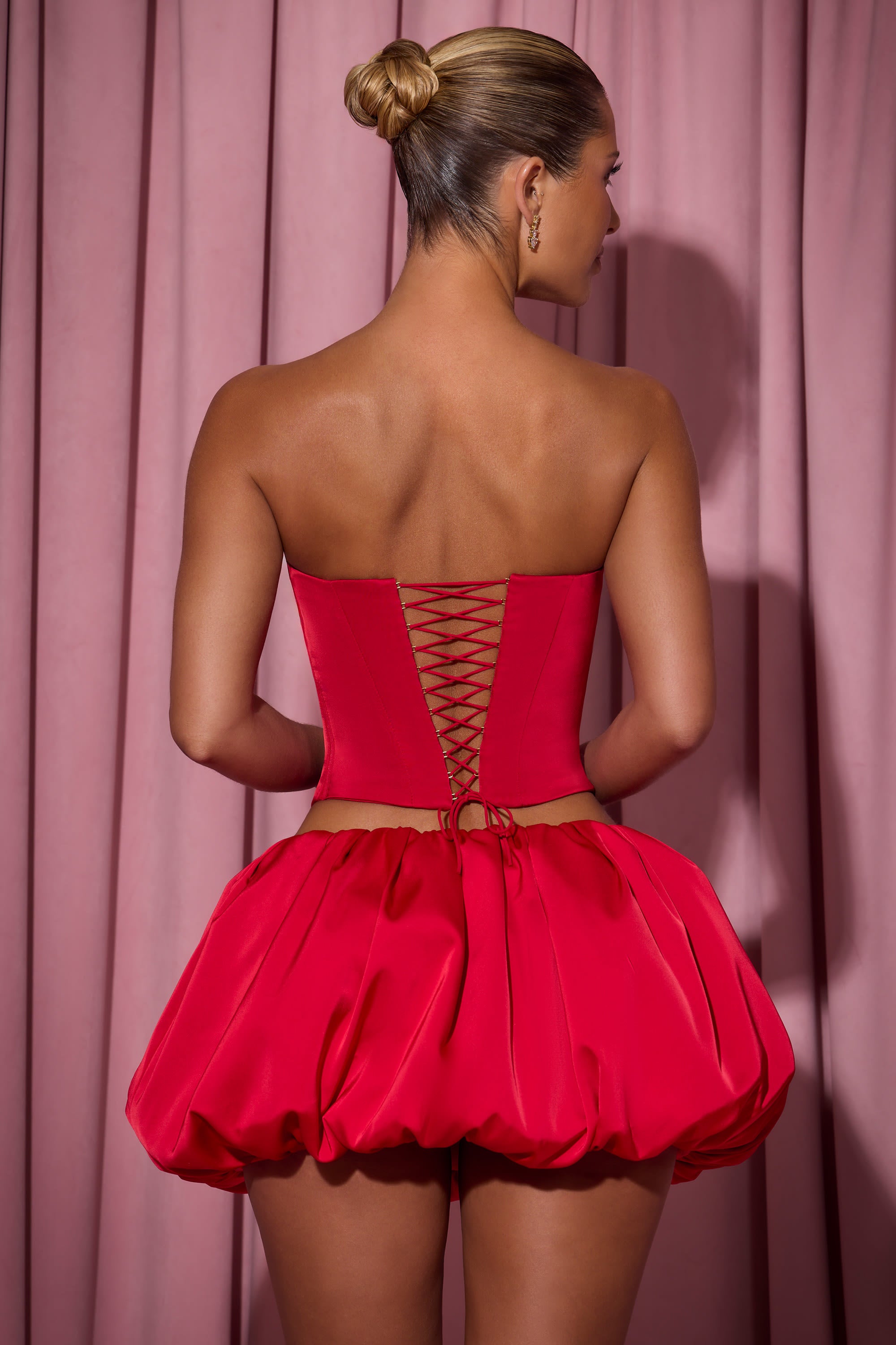Amora Embellished Heart Cut-Out Strapless Corset Top in Red Oh Polly