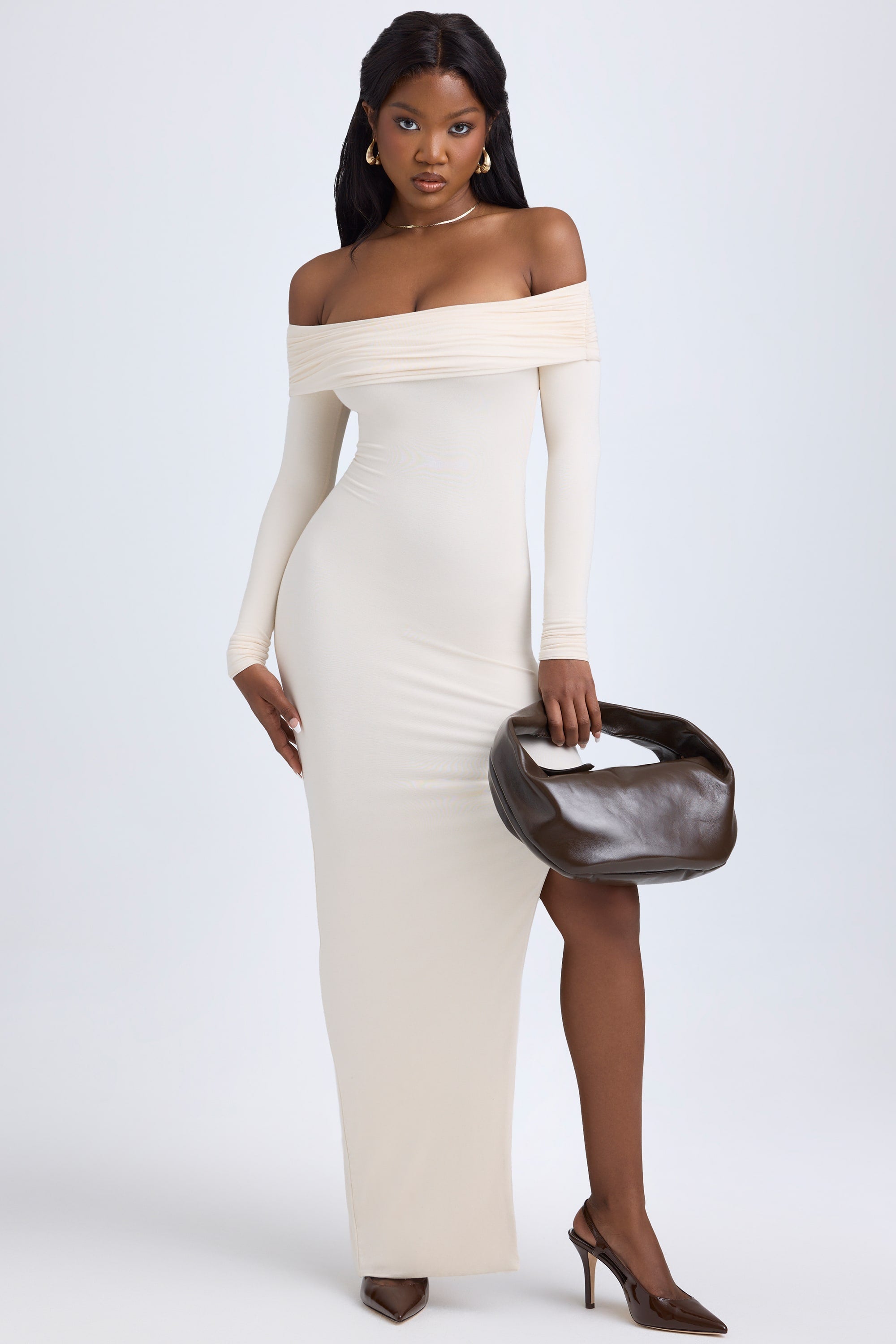 Honora Modal Off-Shoulder Open-Back Maxi Dress in Ivory | Oh Polly