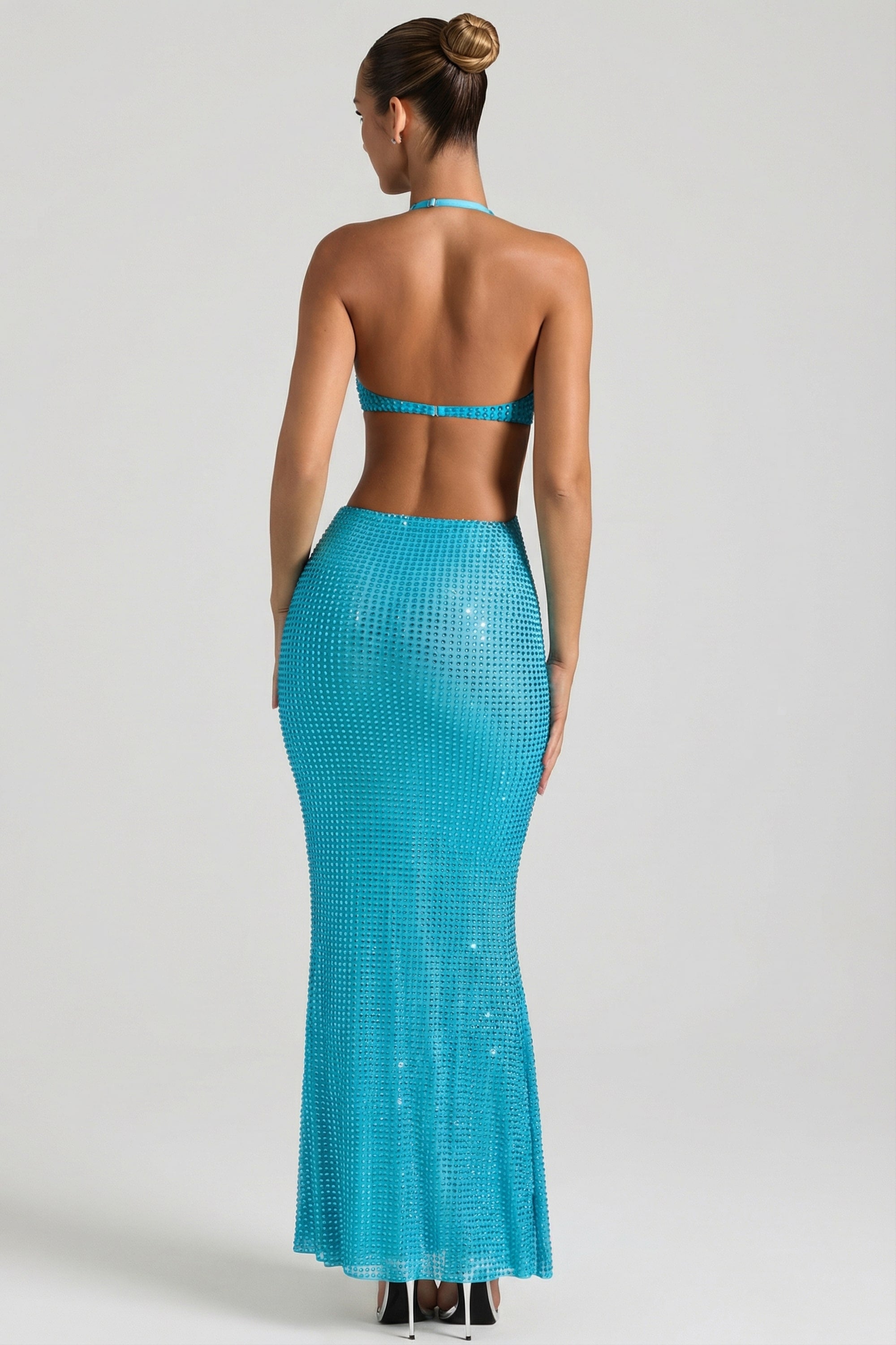 slim fit dress slacks Amberly Embellished Cut-Out Halterneck Maxi Dress in Aqua Blue