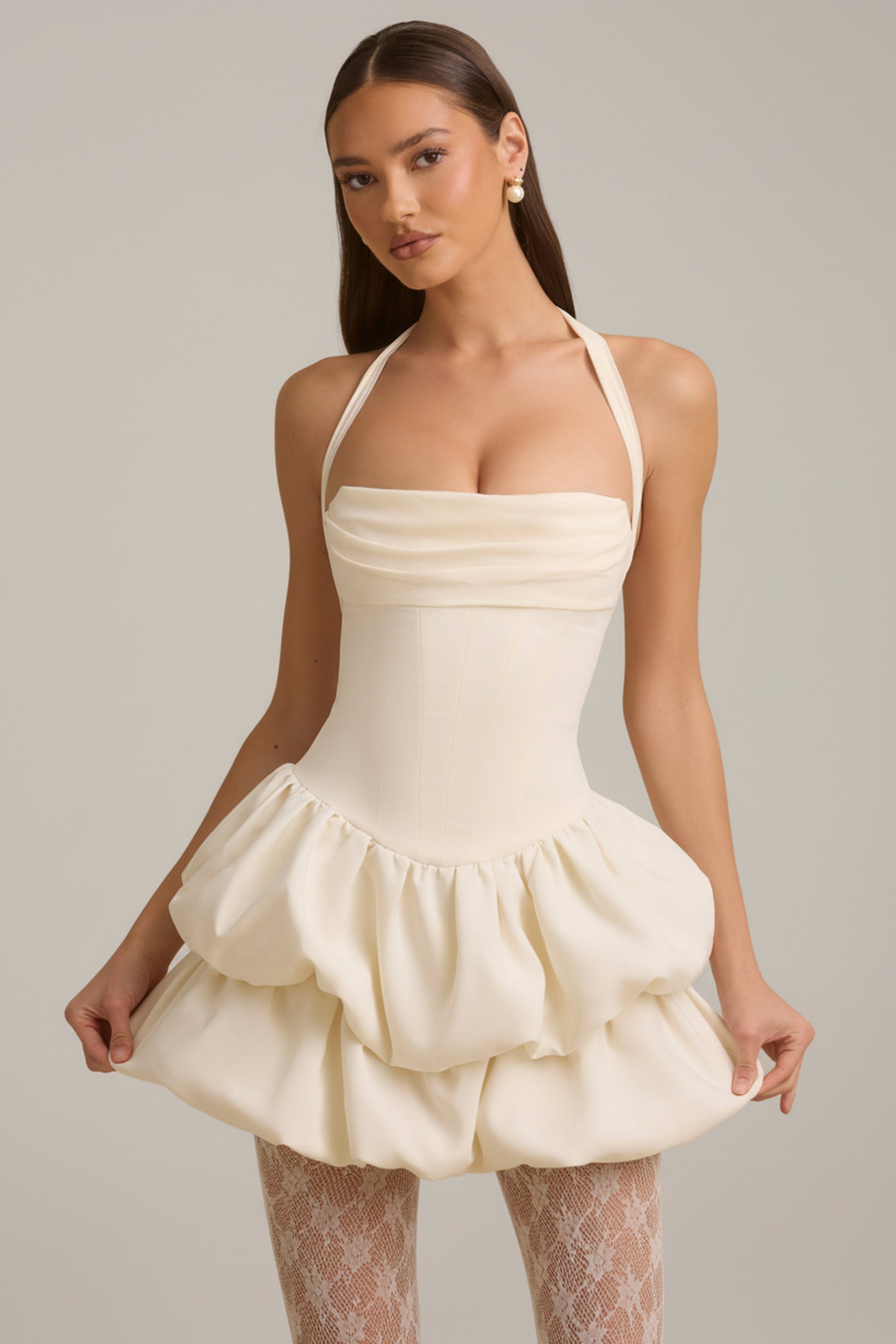Andri Halterneck Layered Bubble Hem Corset Mini Dress in Ivory