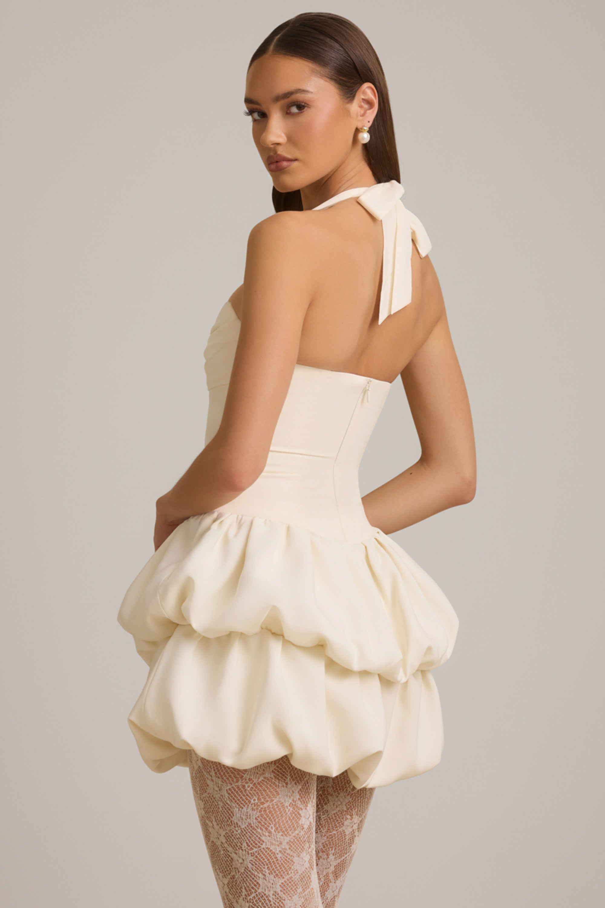 Halterneck Layered Bubble Hem Corset Mini Dress in Ivory Halterneck Layered Bubble Hem Corset Mini Dress in Ivory