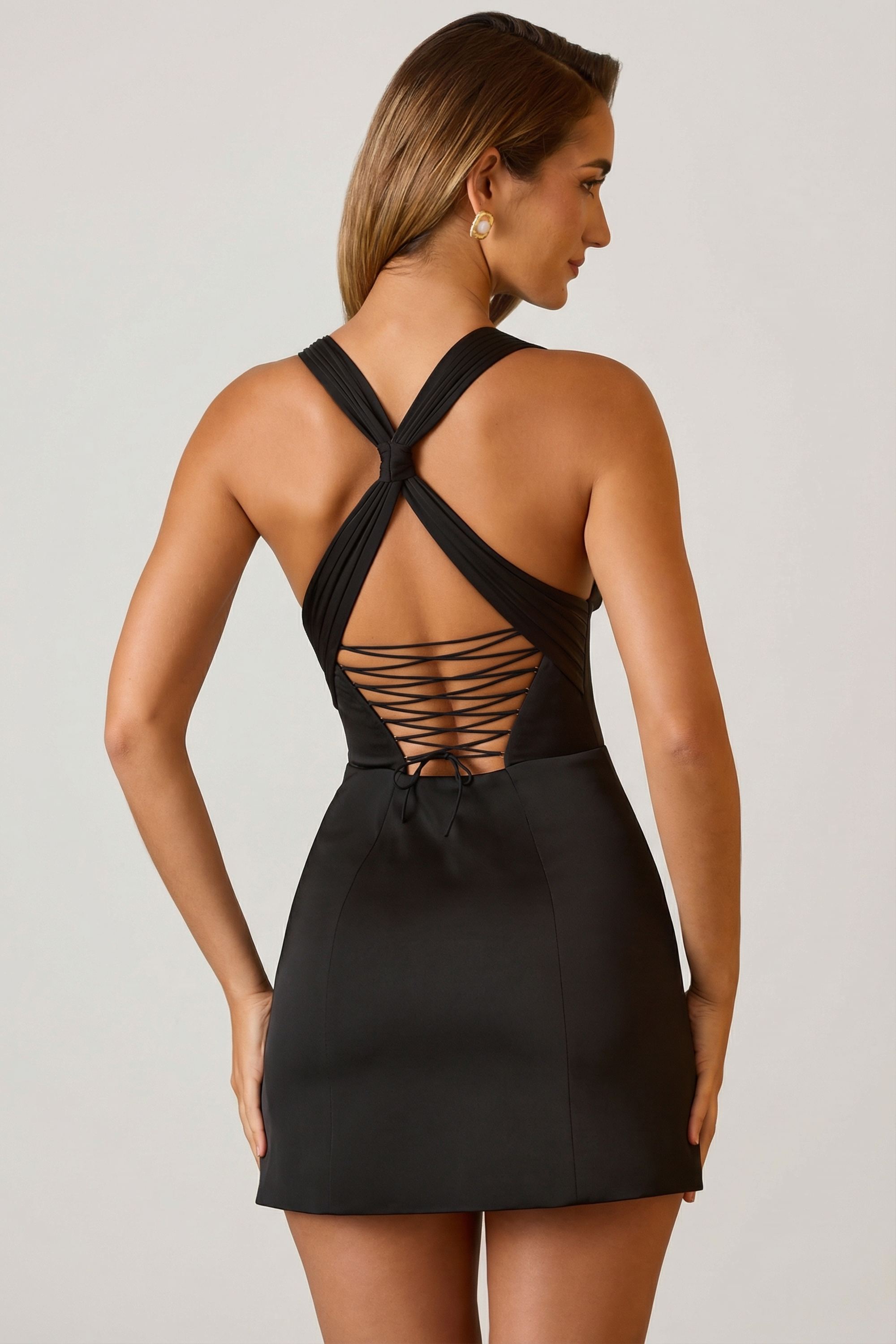 Carlotta Halterneck Lace-Up A-Line Mini Dress in Black | Oh Polly