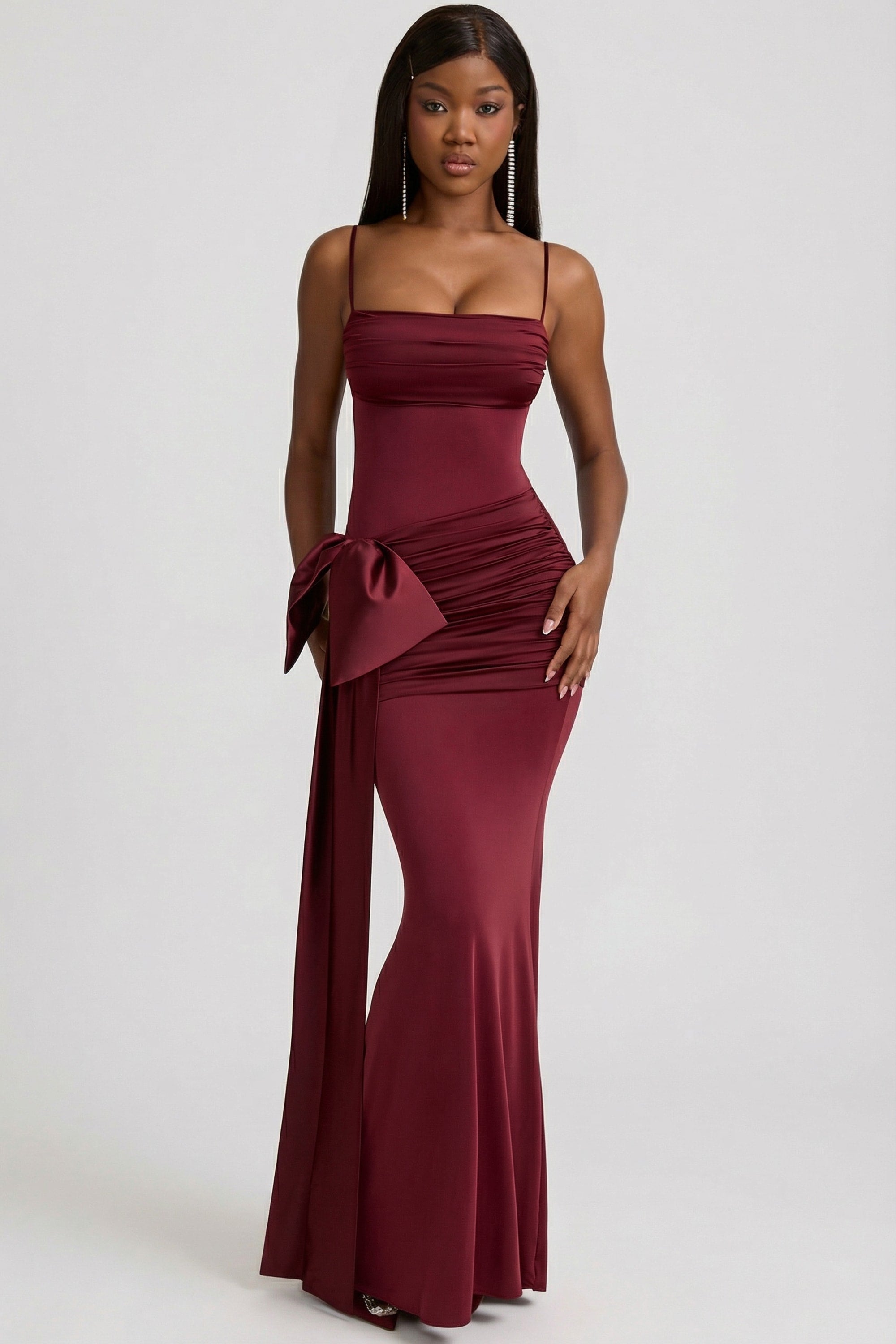 Laurelina Bow-Detail Ruched Maxi Dress in Wine Red
