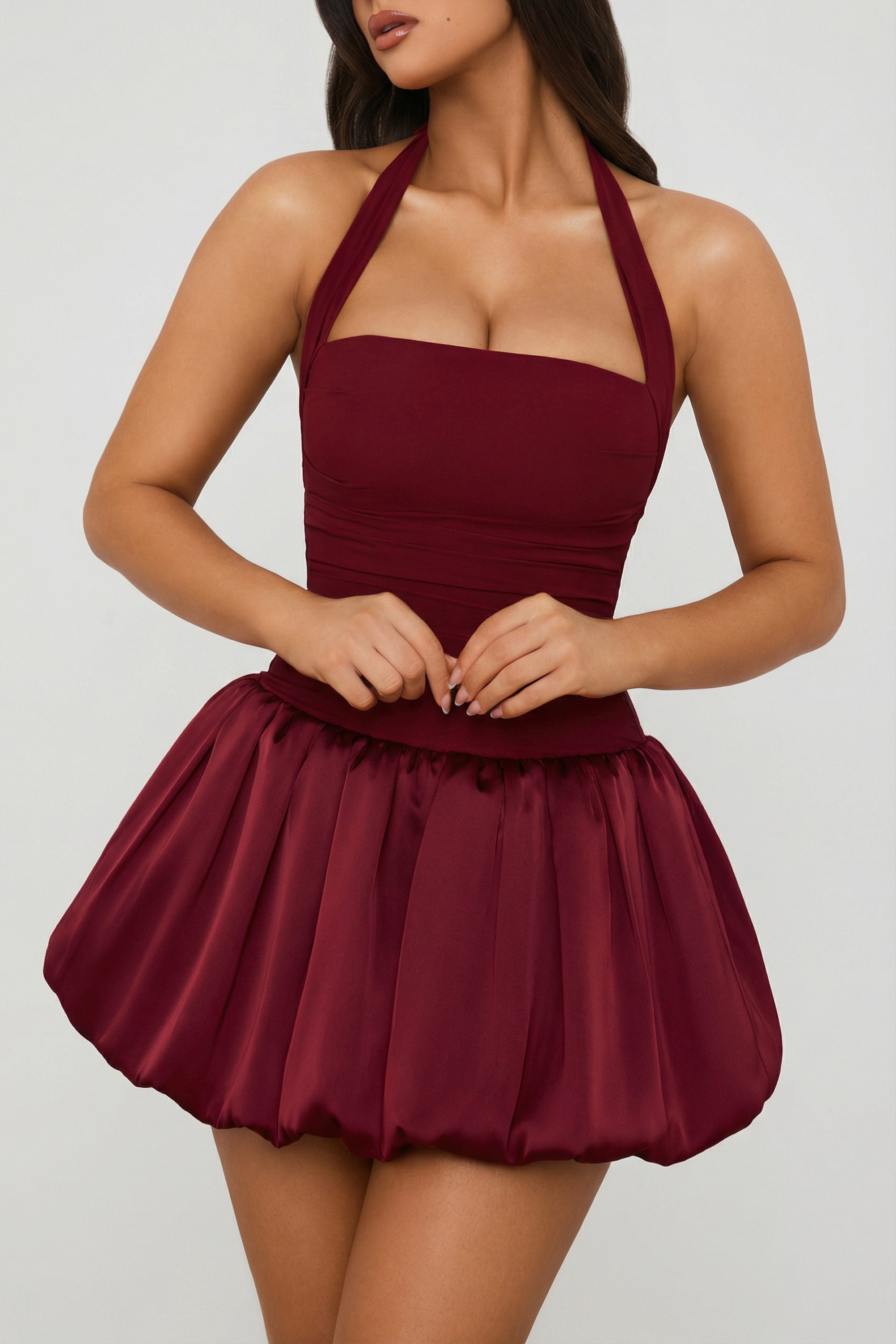 Ludmila Halterneck Lace-Up Bubble Hem Corset Micro Mini Dress in