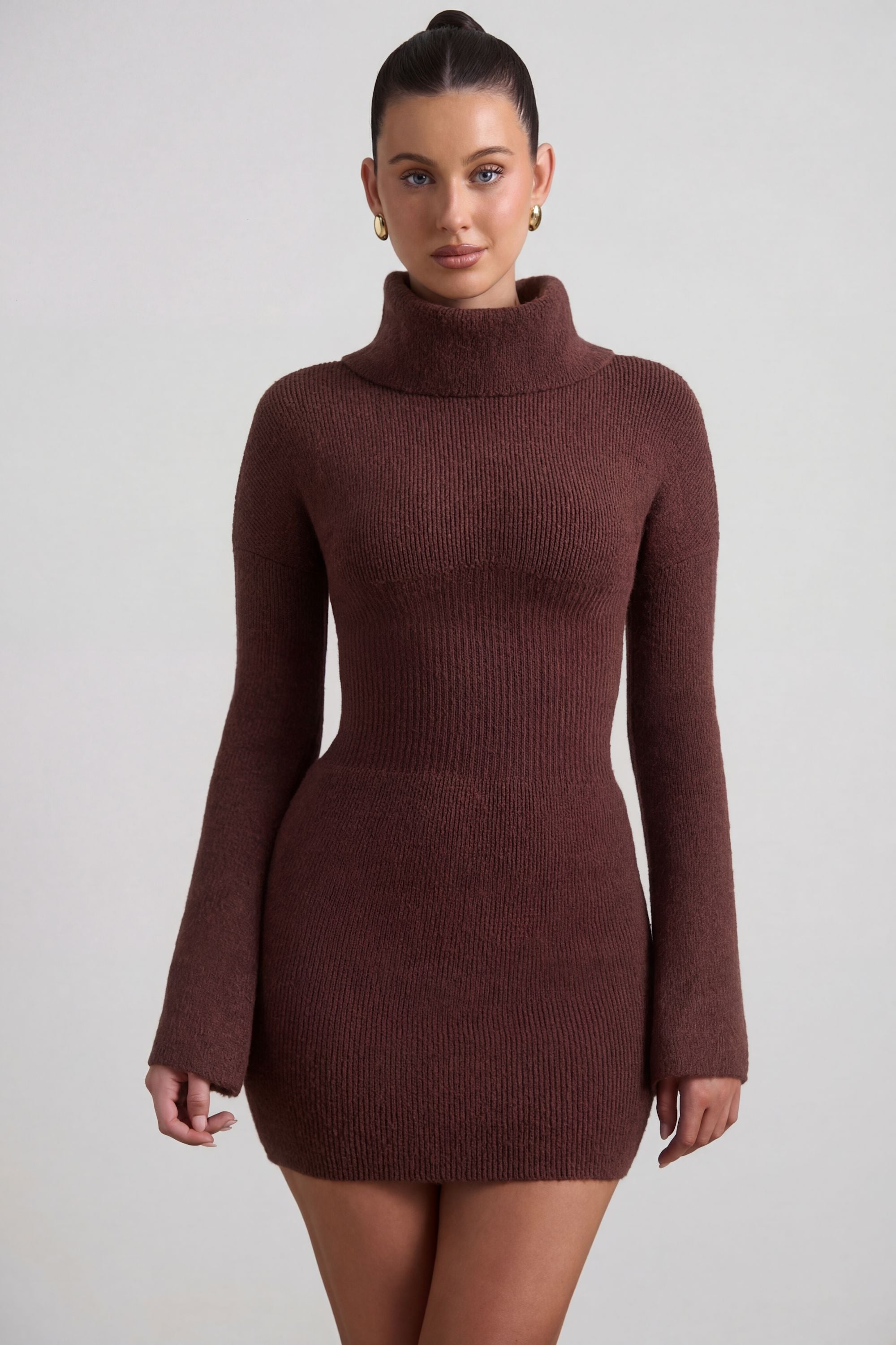 Ribbed-Knit Turtleneck Mini Jumper Dress in Espresso Ribbed-Knit Turtleneck Mini Jumper Dress in Espresso