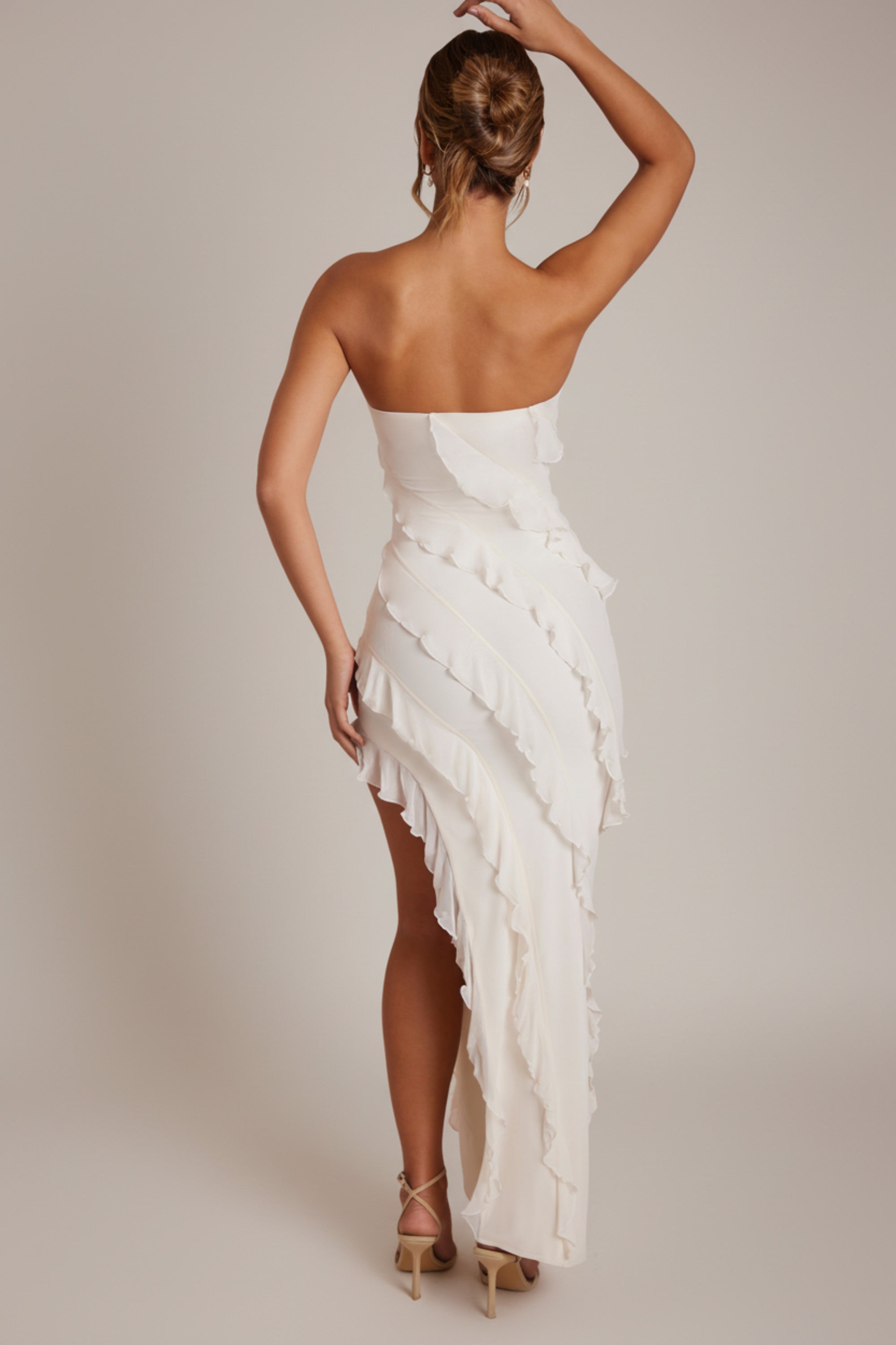 Nevali Bandeau Ruffle Detail Maxi Dress in Ivory | Oh Polly