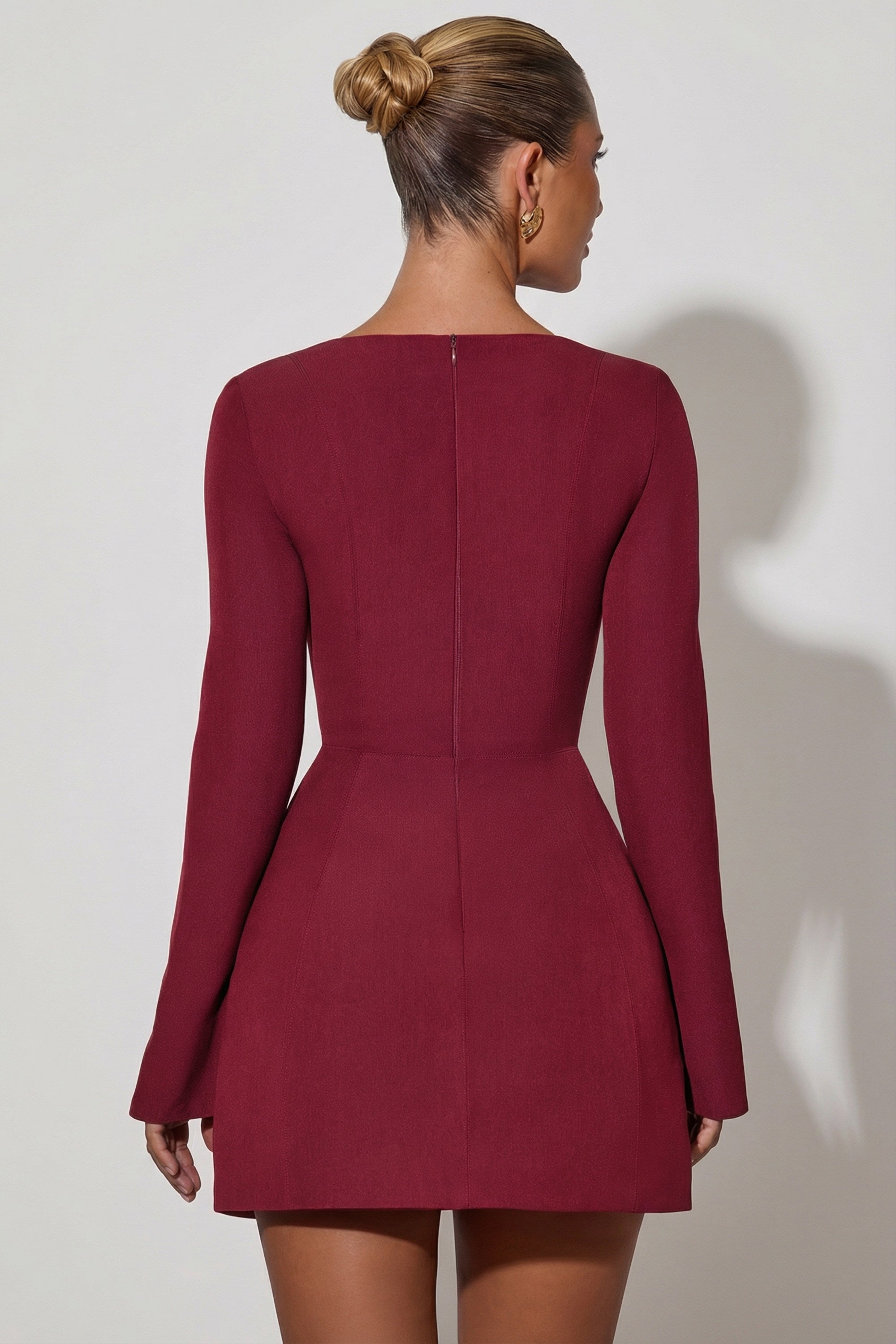 Taesha Square-Neck Structured Tulip Mini Dress in Wine Red | Oh Polly