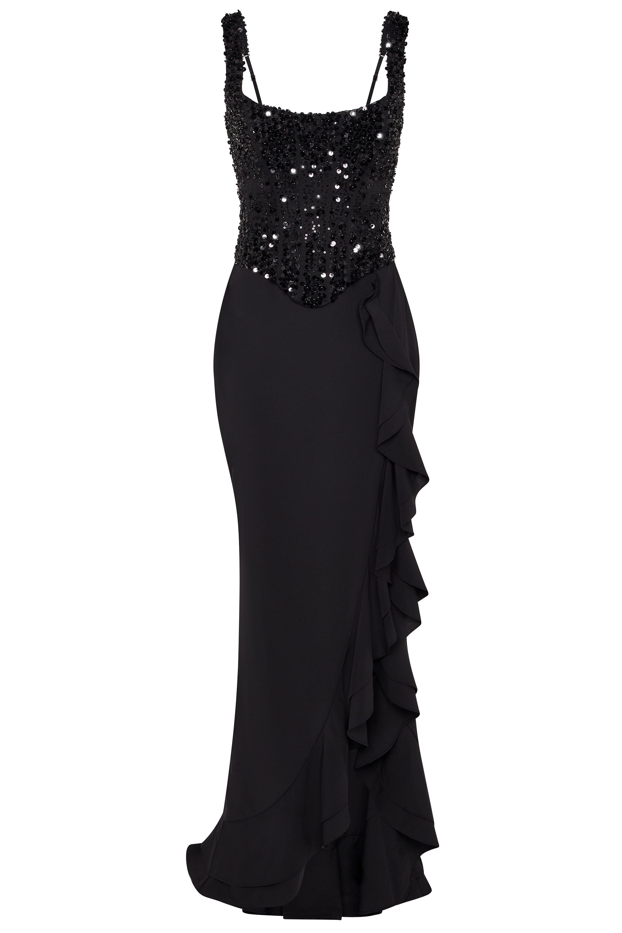 Embellished Ruffle-Trim Corset Gown in Yellow