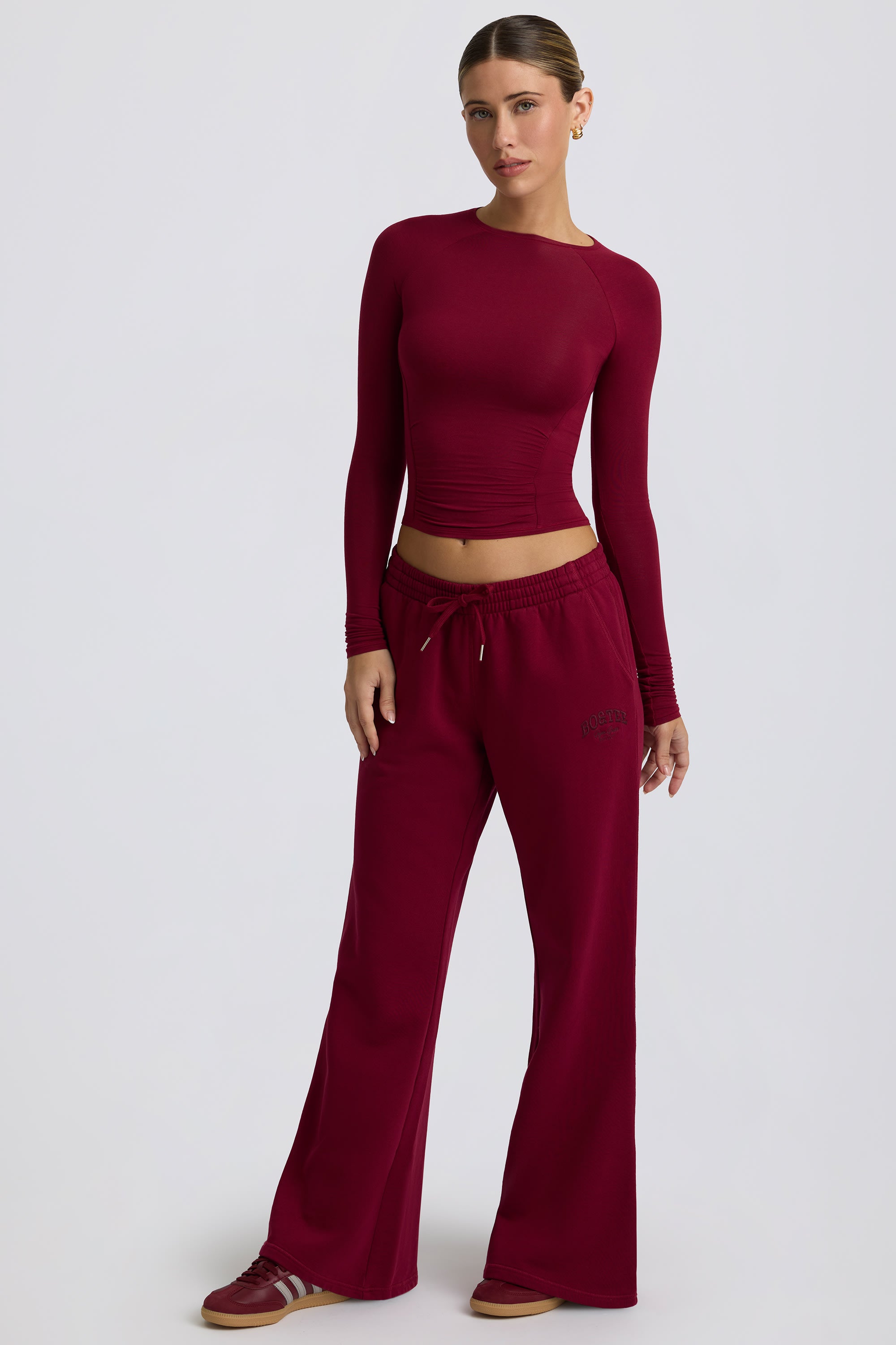 Low-Rise Wide-Leg Joggers in Burgundy Oh Polly