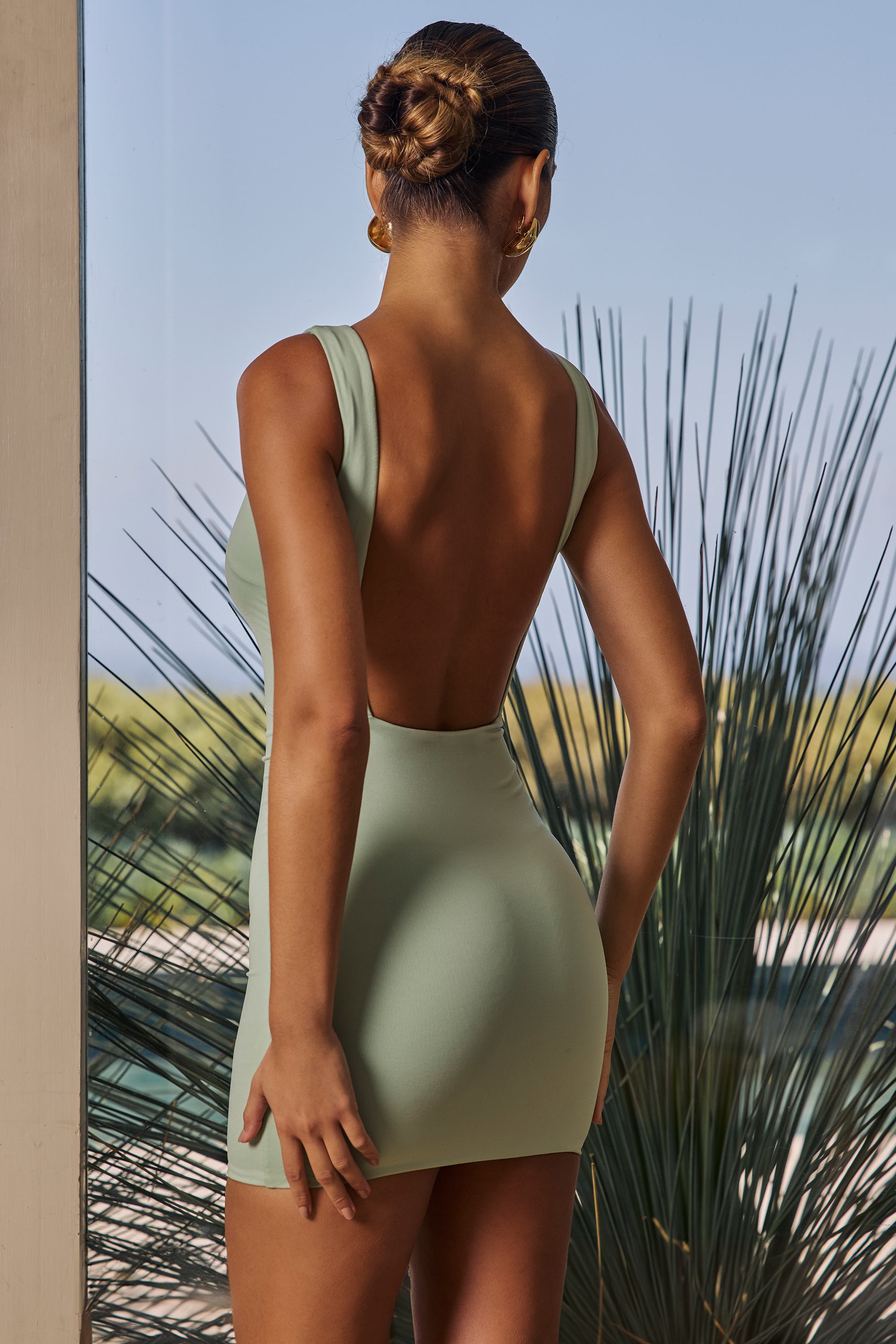 Draped Open-Back Mini Dress in Green Draped Open-Back Mini Dress in Green