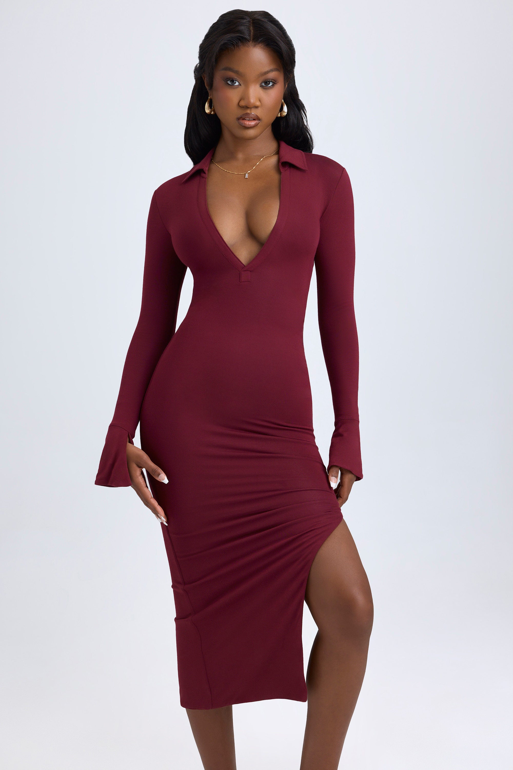 Yael Modal Plunge V-Neck Midaxi Dress in Wine Red | Oh Polly