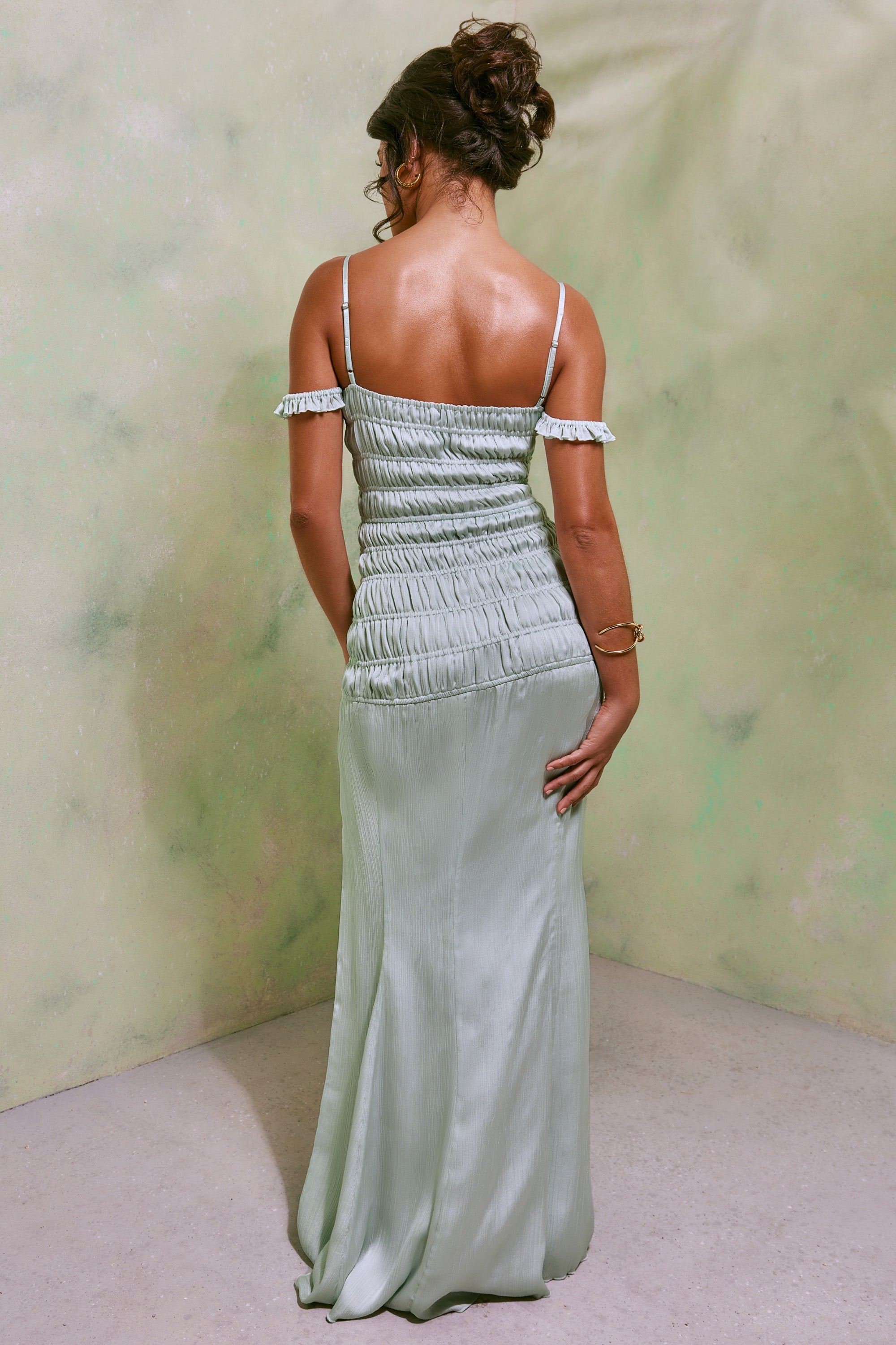 Viva Shirred Thigh High Split Maxi Dress in Pastel Green Oh Polly