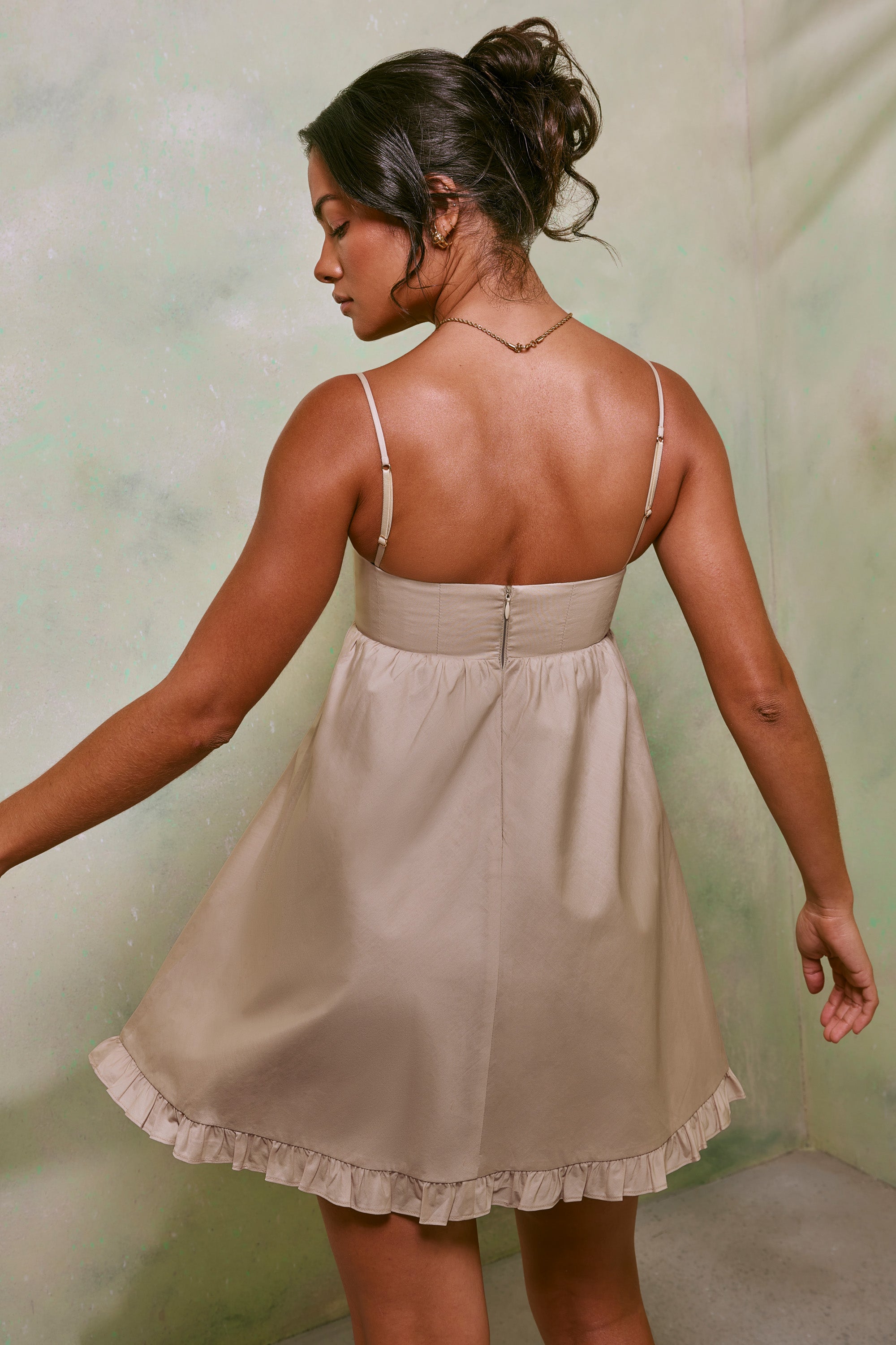 Silvana Empire Waist Cotton A-Line Mini Dress in Sand | Oh Polly