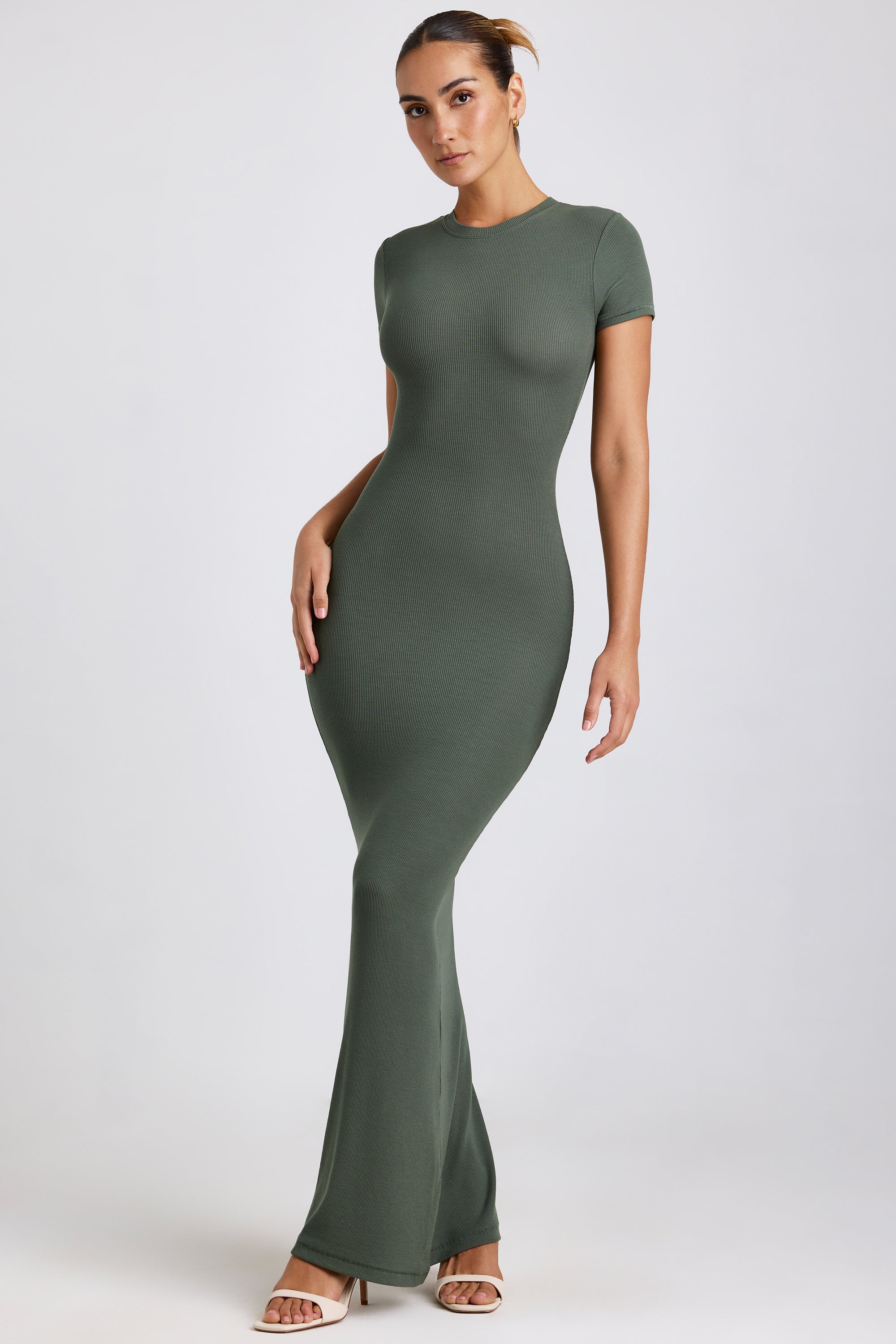 Freya Ribbed Modal Crew Neck Maxi Dress in Khaki Green Oh Polly