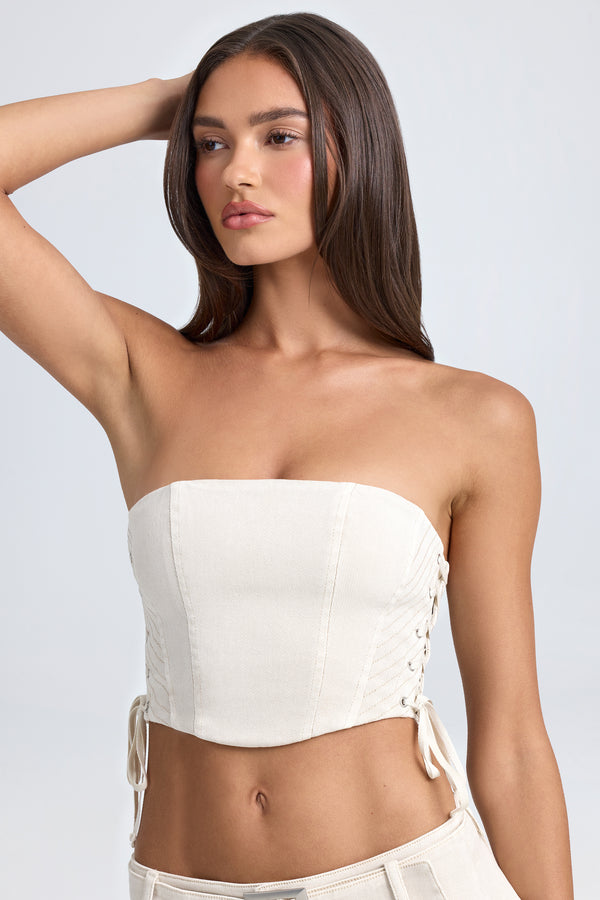 Bandeau Lace-Up Corset Crop Top in Ecru - 1