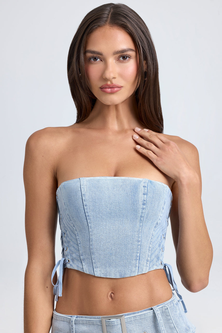 Bandeau Lace-Up Corset Crop Top in Light Blue Stonewash