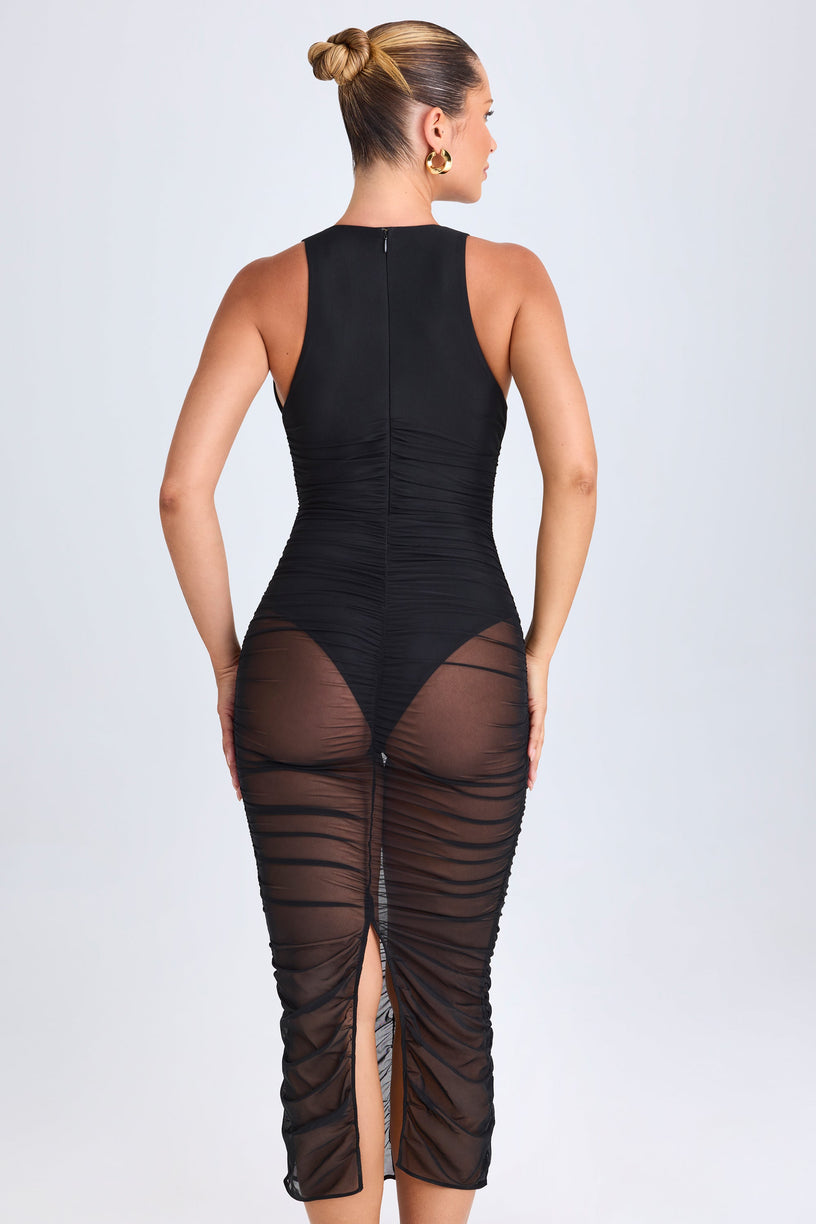 Ruched Plunge Midaxi Dress in Black - 2