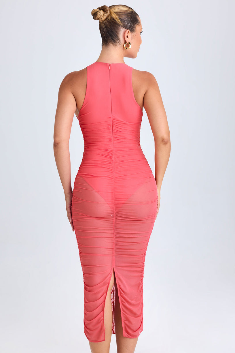Ruched Plunge Midaxi Dress in Coral - 2