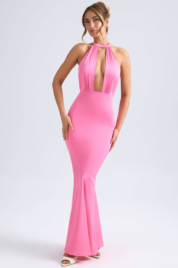 Halterneck Fishtail Gown in Hot Pink - 1