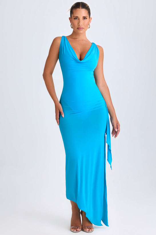 Ruffle-Trim Cowl-Neck Midaxi Dress in Aqua Blue