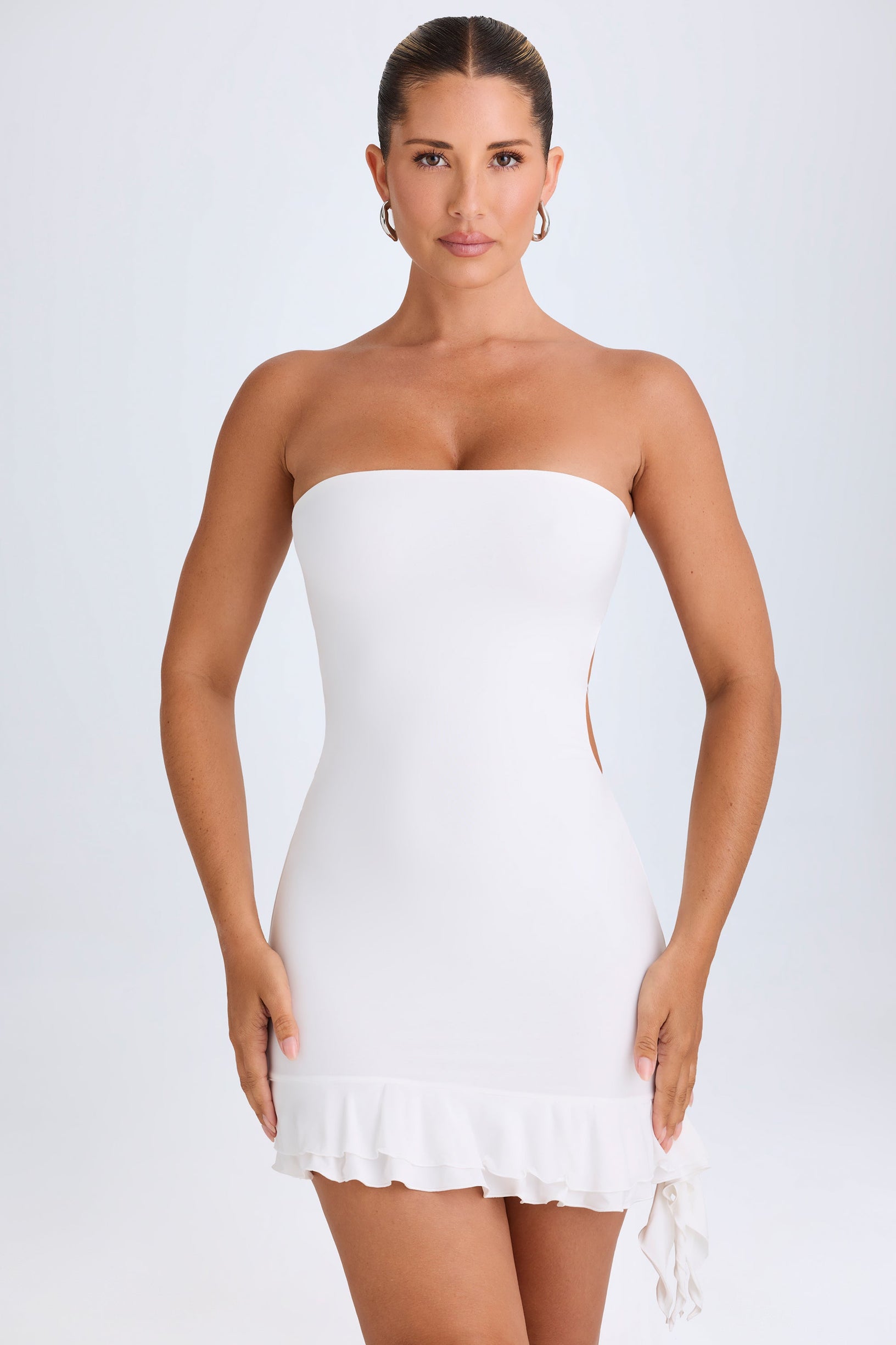 Ruffle-Trim Cut-Out Bandeau Mini Dress in White - 1