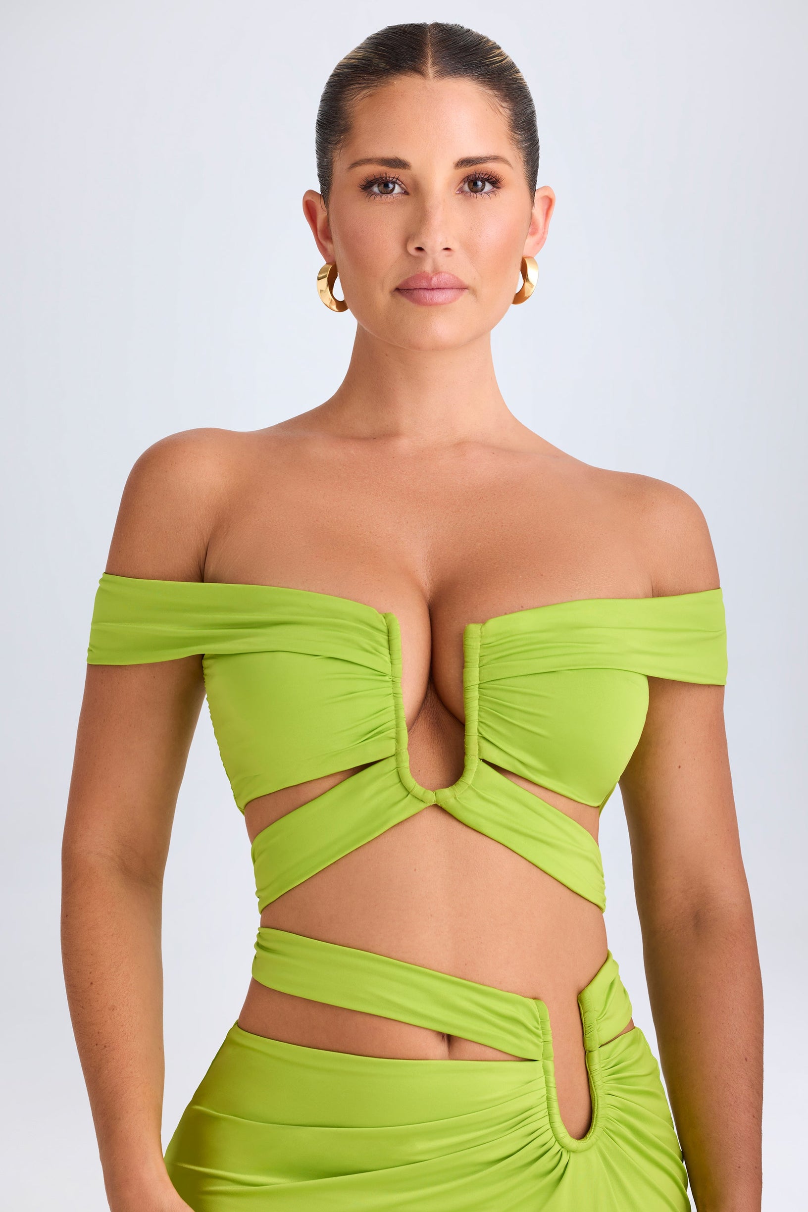 Cut-Out Off-Shoulder Crop Top in Lime Green - 1