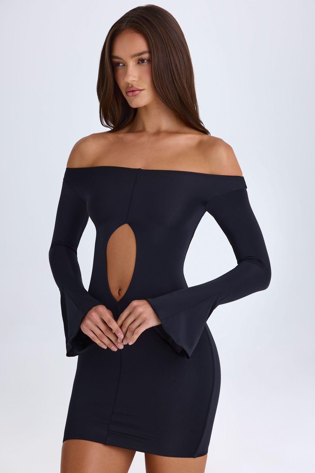 Off-Shoulder Cut-Out Mini Dress in Black - 6