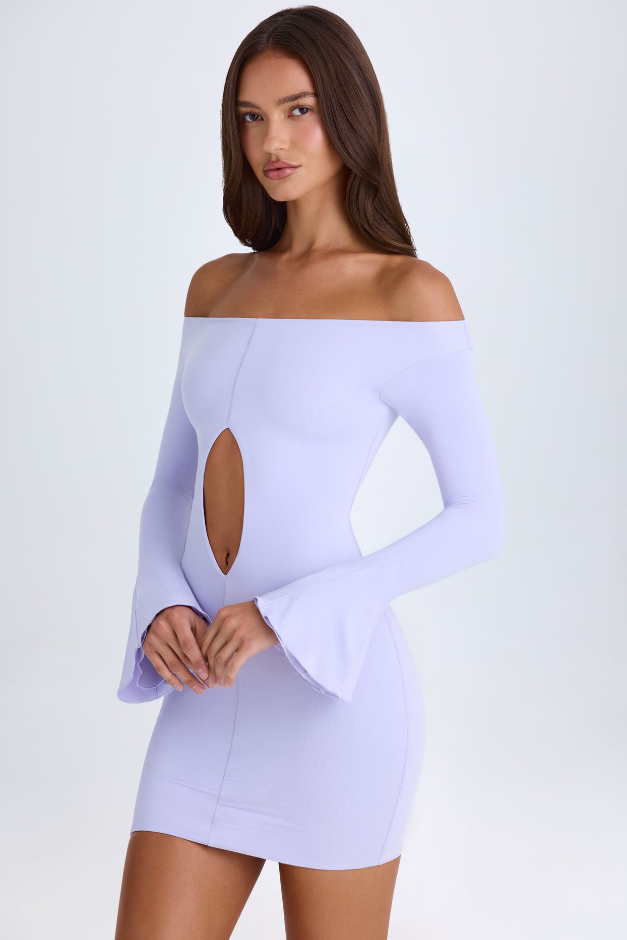 Off-Shoulder Cut-Out Mini Dress in Soft Lilac - 7