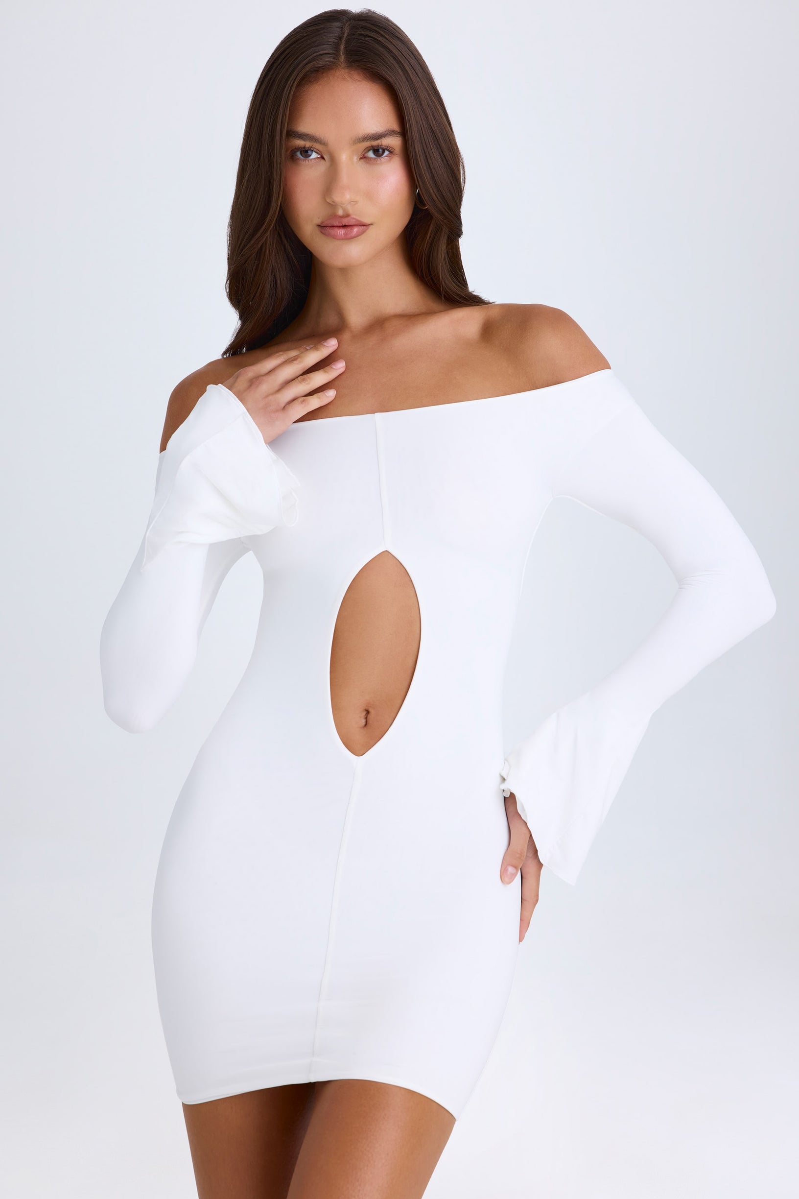 Off-Shoulder Cut-Out Mini Dress in White - 1