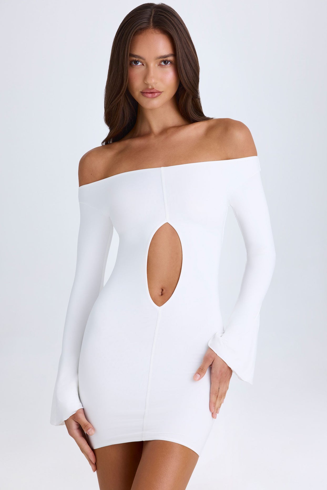 Off-Shoulder Cut-Out Mini Dress in White - 6