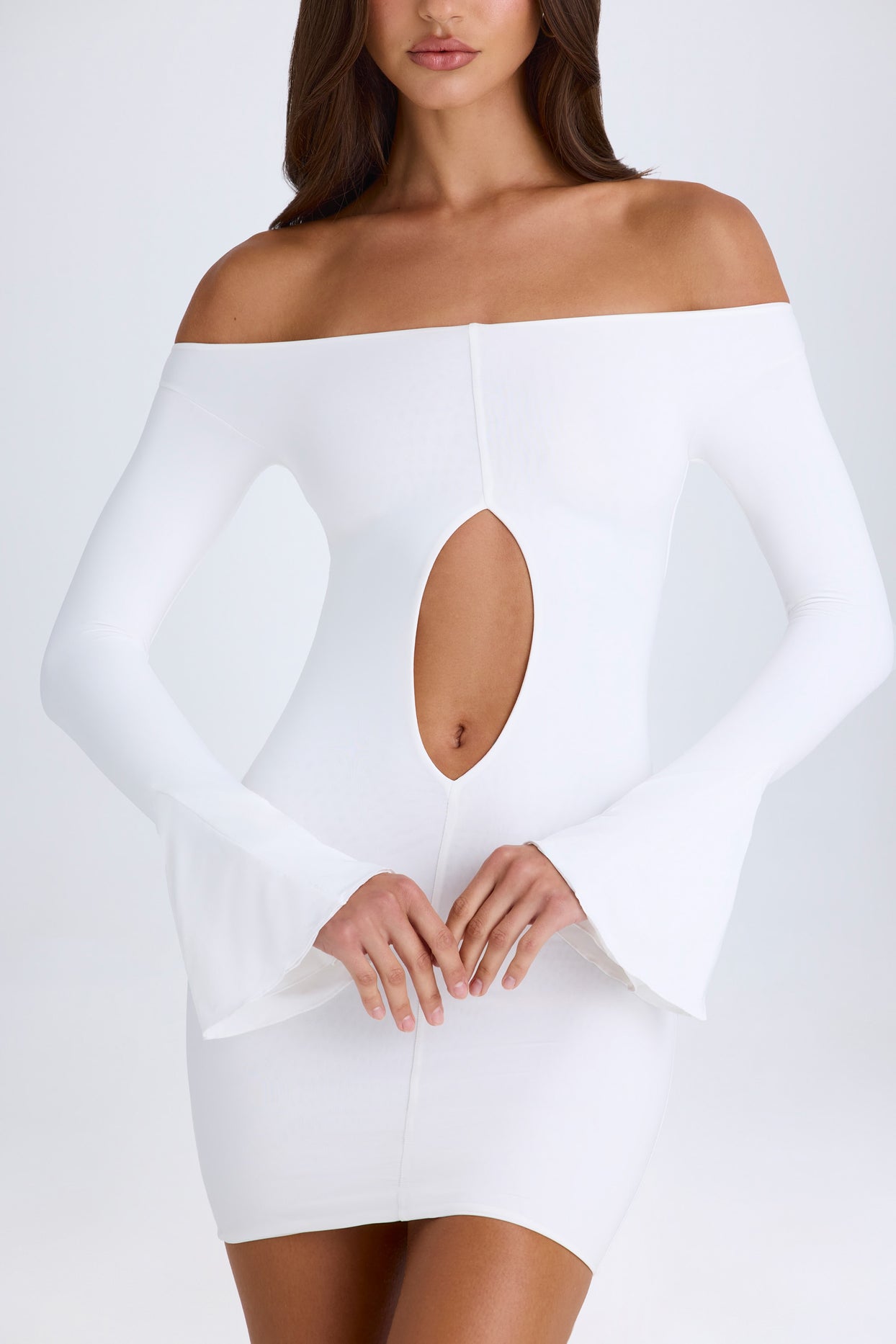 Off-Shoulder Cut-Out Mini Dress in White - 4