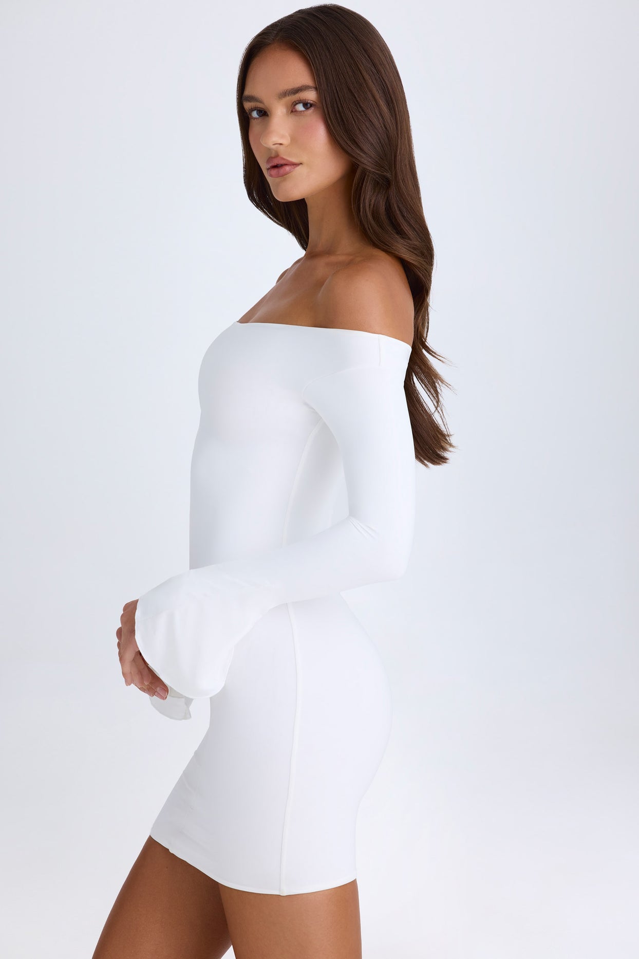 Off-Shoulder Cut-Out Mini Dress in White - 3