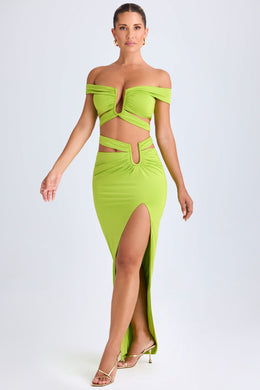 Asymmetric Cut-Out Maxi Skirt in Lime Green