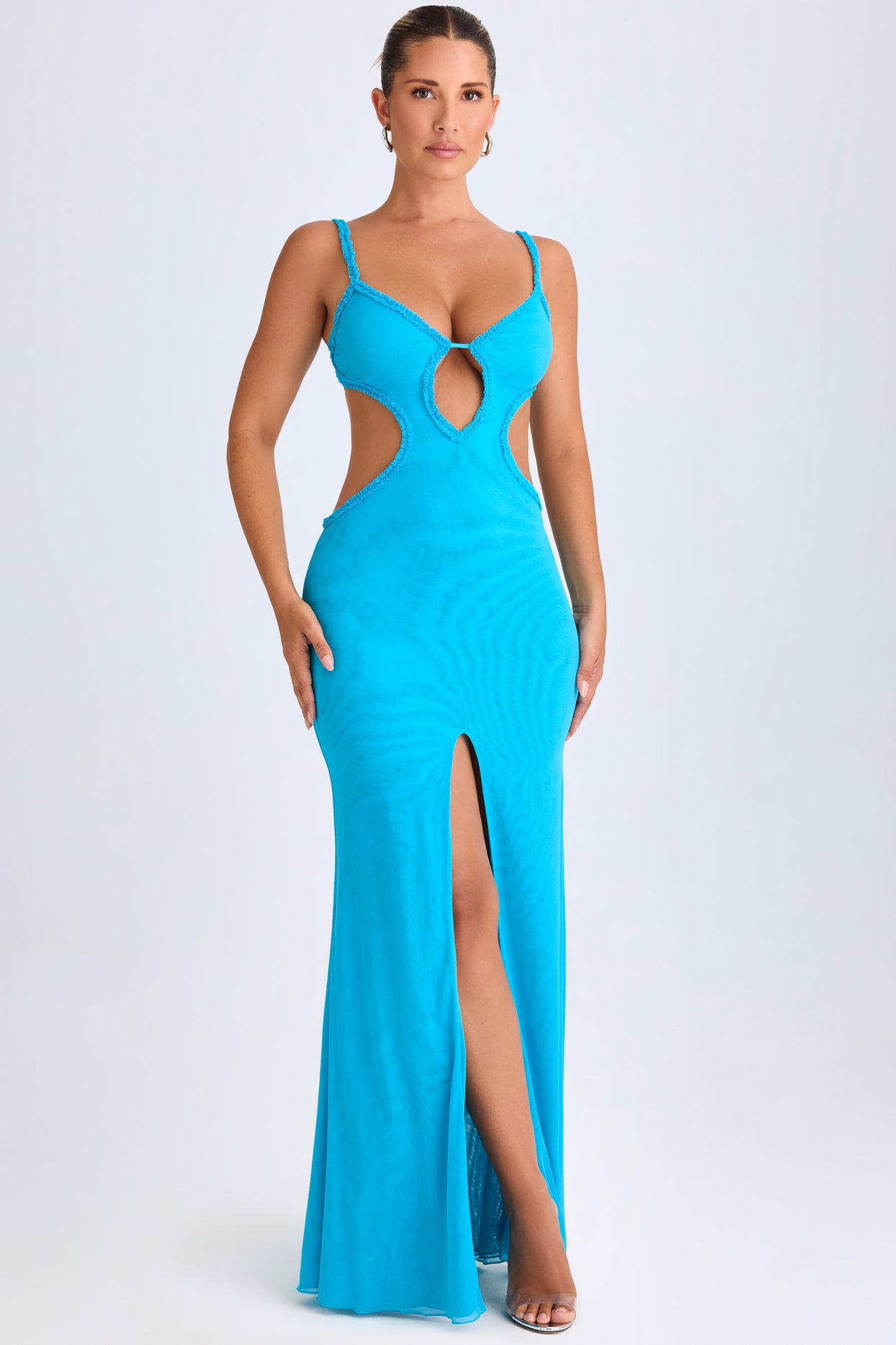 Ruffle-Appliqué Cut-Out Maxi Dress in Aqua Blue