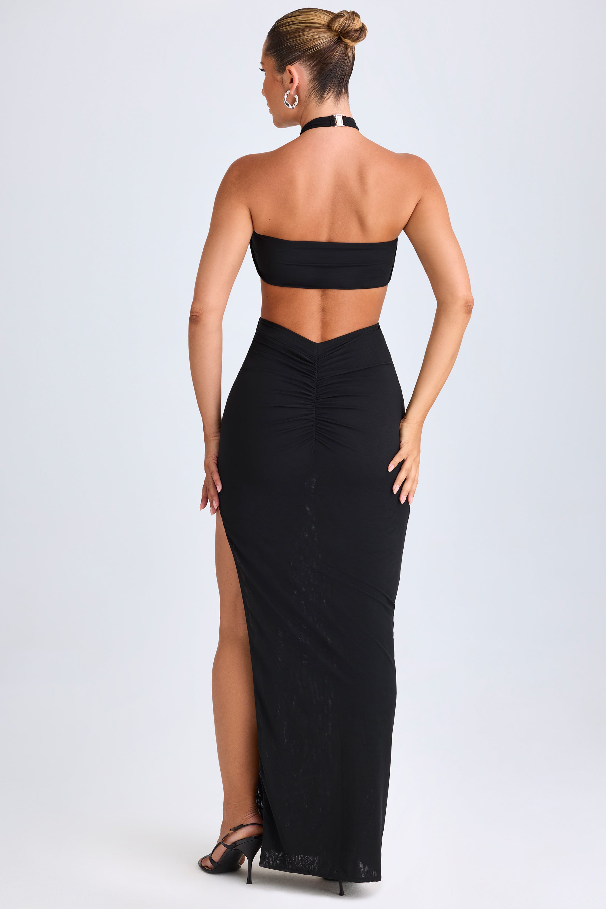 Hardware Detail Cut-Out Halterneck Maxi Dress in Black