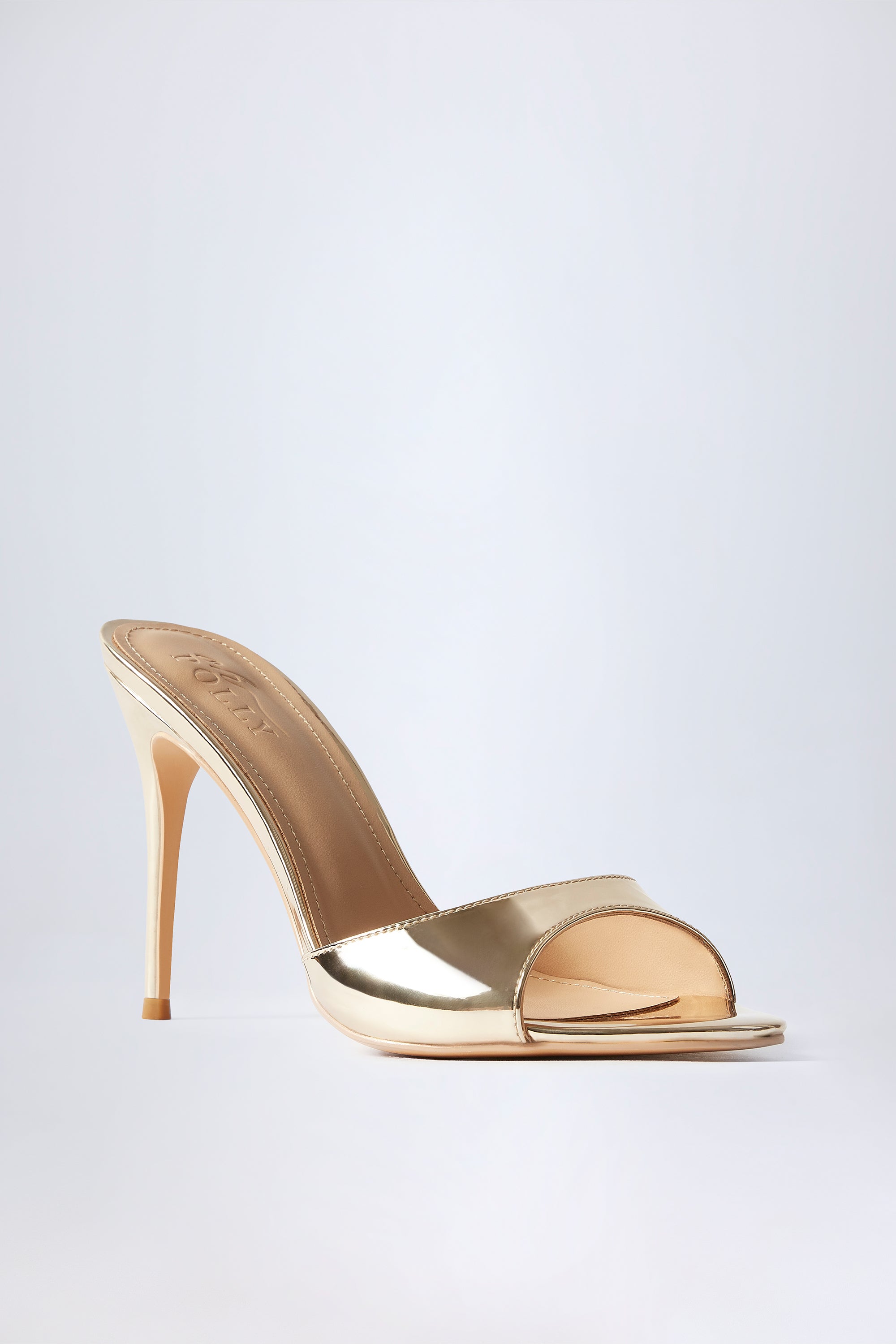 Amandine Almond Toe Heeled Mules in Mirrored Gold Oh Polly