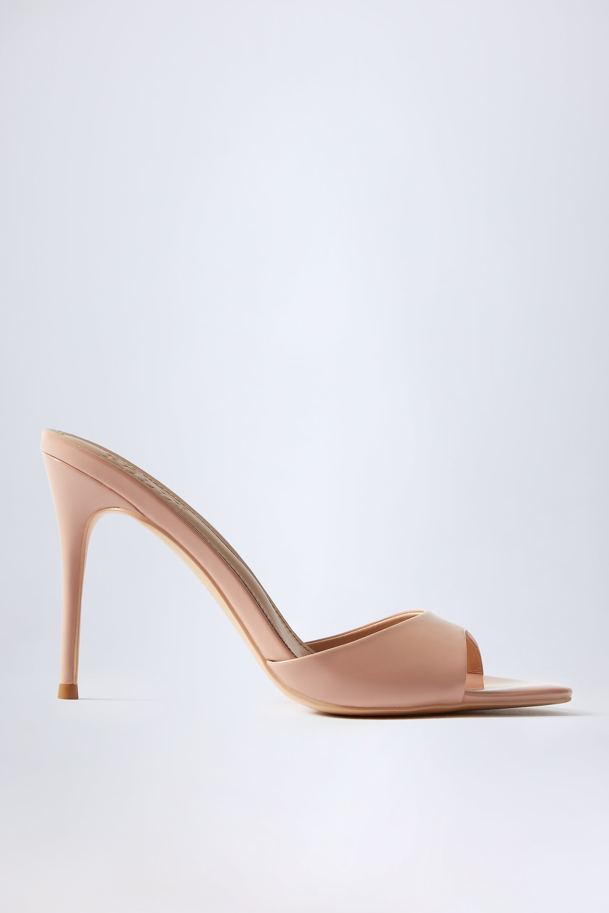 Amandine Almond Toe Heeled Mules in Patent Pink Oh Polly